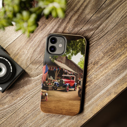 Introducing the "1930s Americana Revival" Cell Phone Case – Relive Vintage Charm with Classic Car, Barn, and the Stars and Stripes -Tough Phone Cases