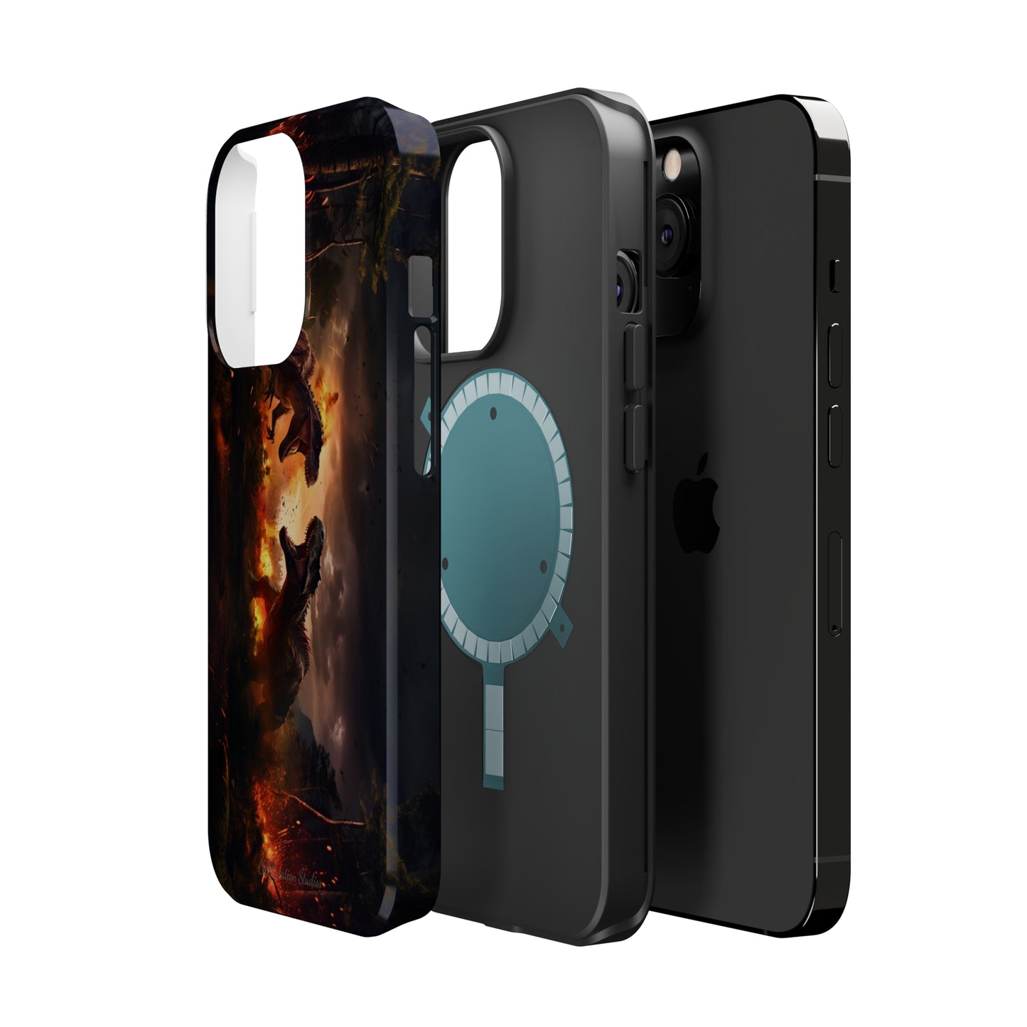 Introducing the "Ancient Battle Inferno" Cell Phone Case – Witness Epic Dinosaur Clash in a Fiery Forest! -MagSafe Tough Cases