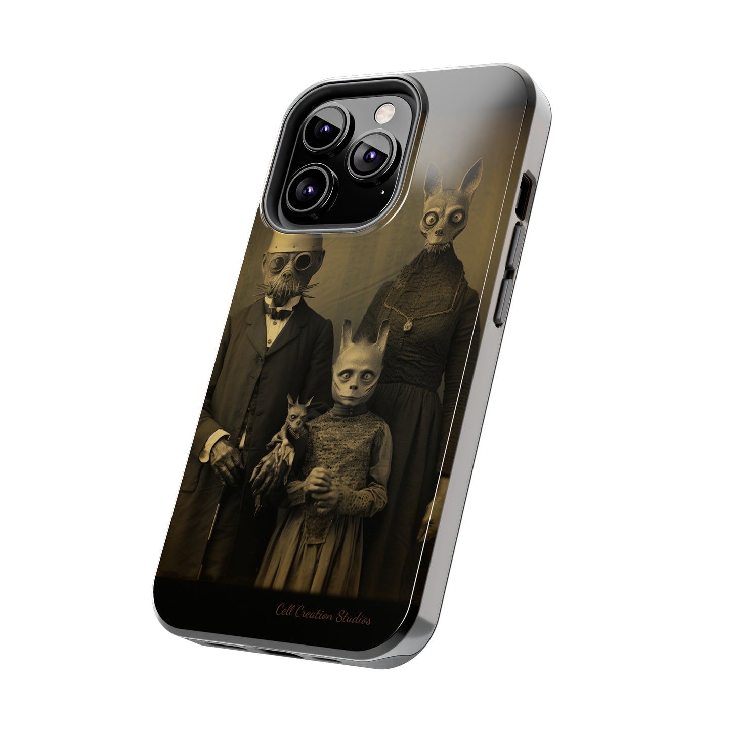 Introducing the "Vintage Odd Creatures" Cell Phone Case – Step into the Eerie Charm of a Haunting Family Portrait -Tough Phone Cases