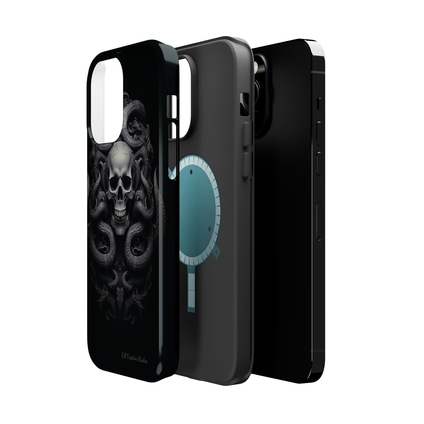 Introducing the "Monochrome Skull and Snakes" Cell Phone Case – A Bold Statement -MagSafe Tough Cases