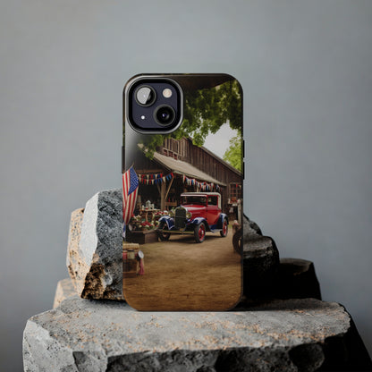 Introducing the "1930s Americana Revival" Cell Phone Case – Relive Vintage Charm with Classic Car, Barn, and the Stars and Stripes -Tough Phone Cases