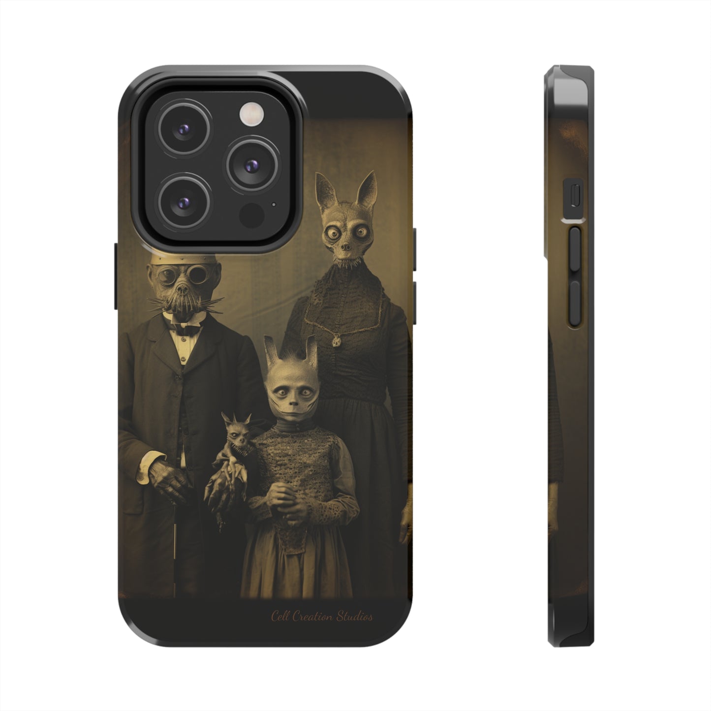 Introducing the "Vintage Odd Creatures" Cell Phone Case – Step into the Eerie Charm of a Haunting Family Portrait -Tough Phone Cases