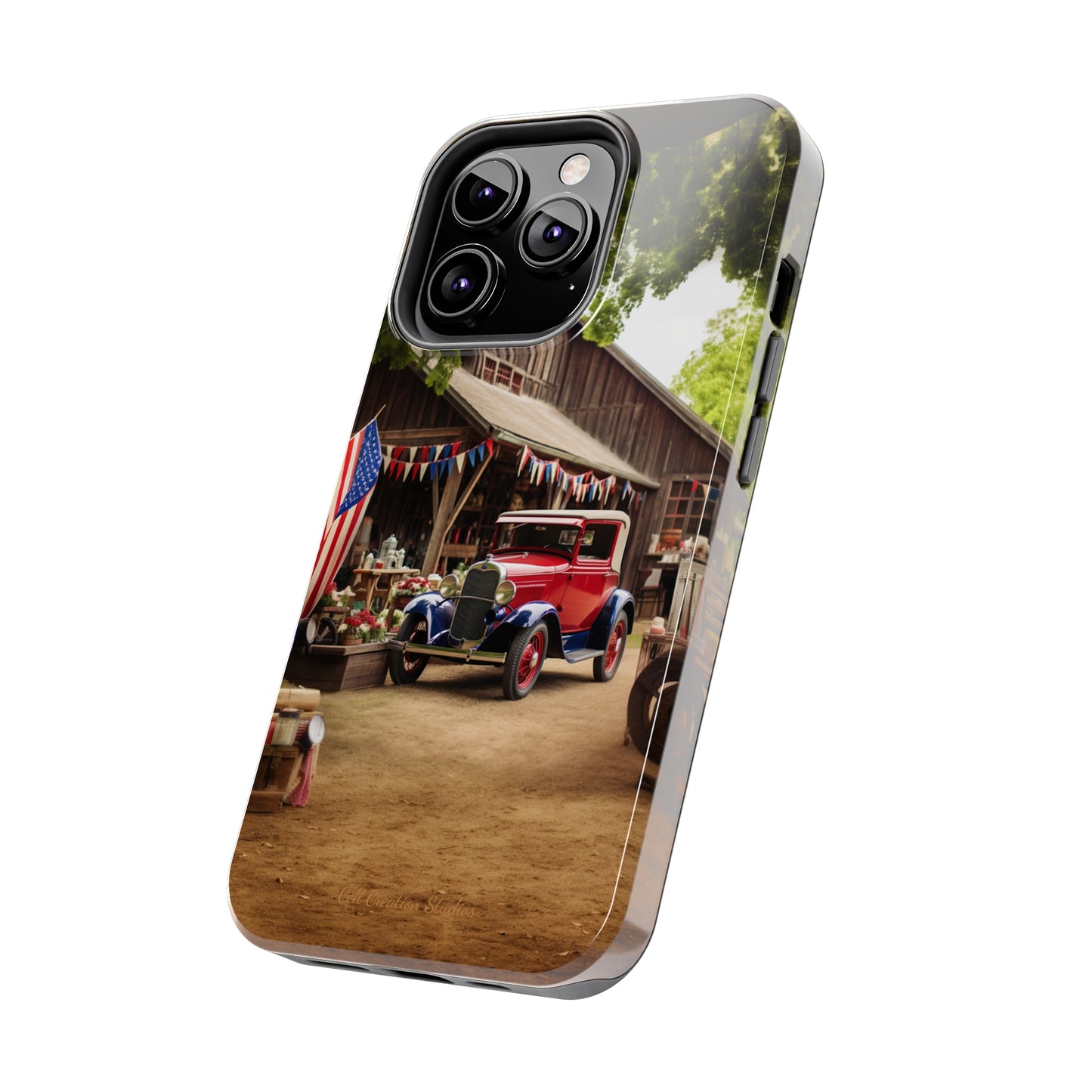 Introducing the "1930s Americana Revival" Cell Phone Case – Relive Vintage Charm with Classic Car, Barn, and the Stars and Stripes -Tough Phone Cases