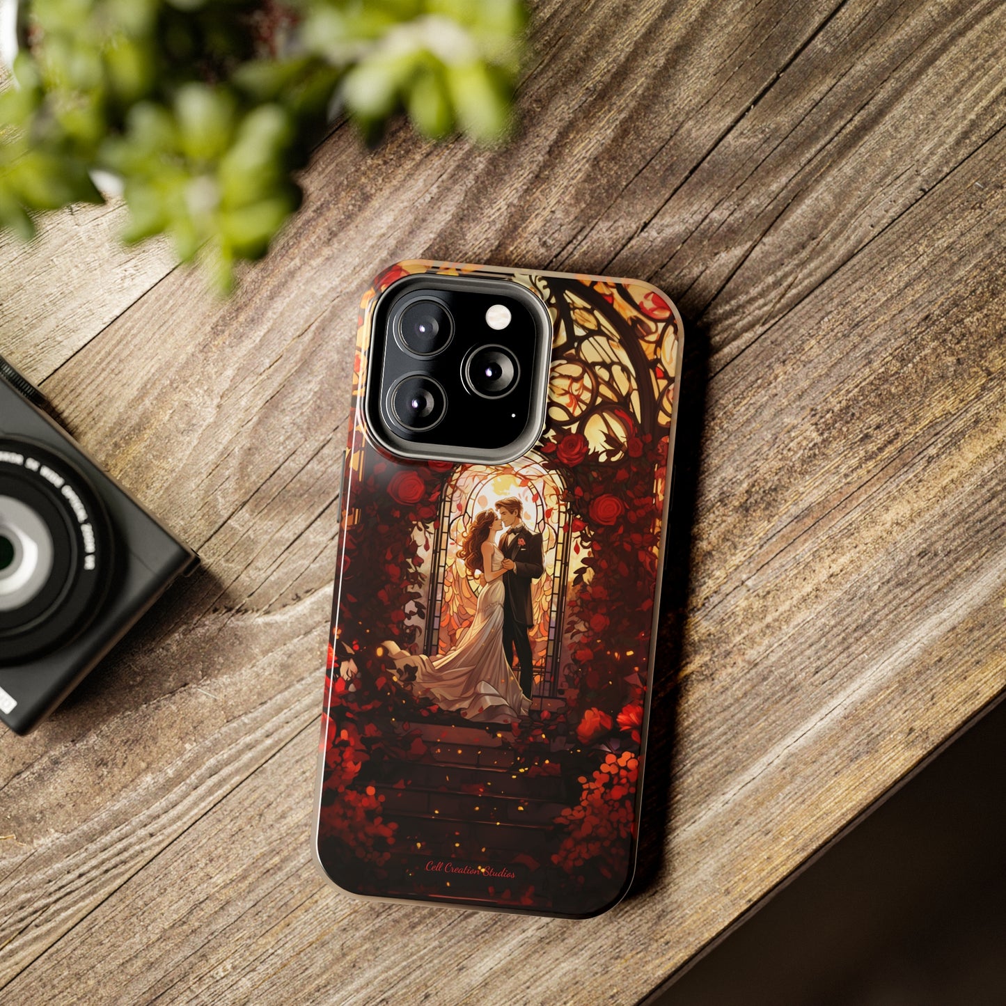 Introducing the "Stained Glass Love" Cell Phone Case – Capture the Romance of a Couple in Front of a Stained Glass Window -Tough Phone Cases