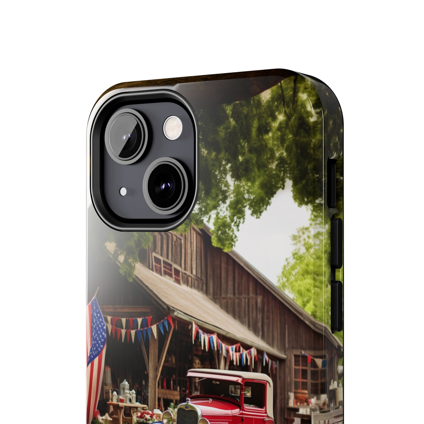 Introducing the "1930s Americana Revival" Cell Phone Case – Relive Vintage Charm with Classic Car, Barn, and the Stars and Stripes -Tough Phone Cases