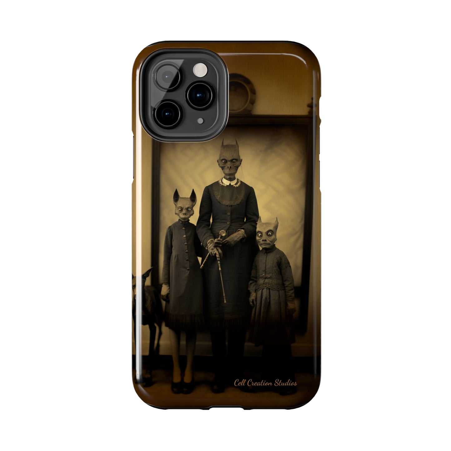 Introducing the "Vintage Odd Creatures" Cell Phone Case – Step into the Eerie Charm of a Haunting Family Portrait -Tough Phone Cases