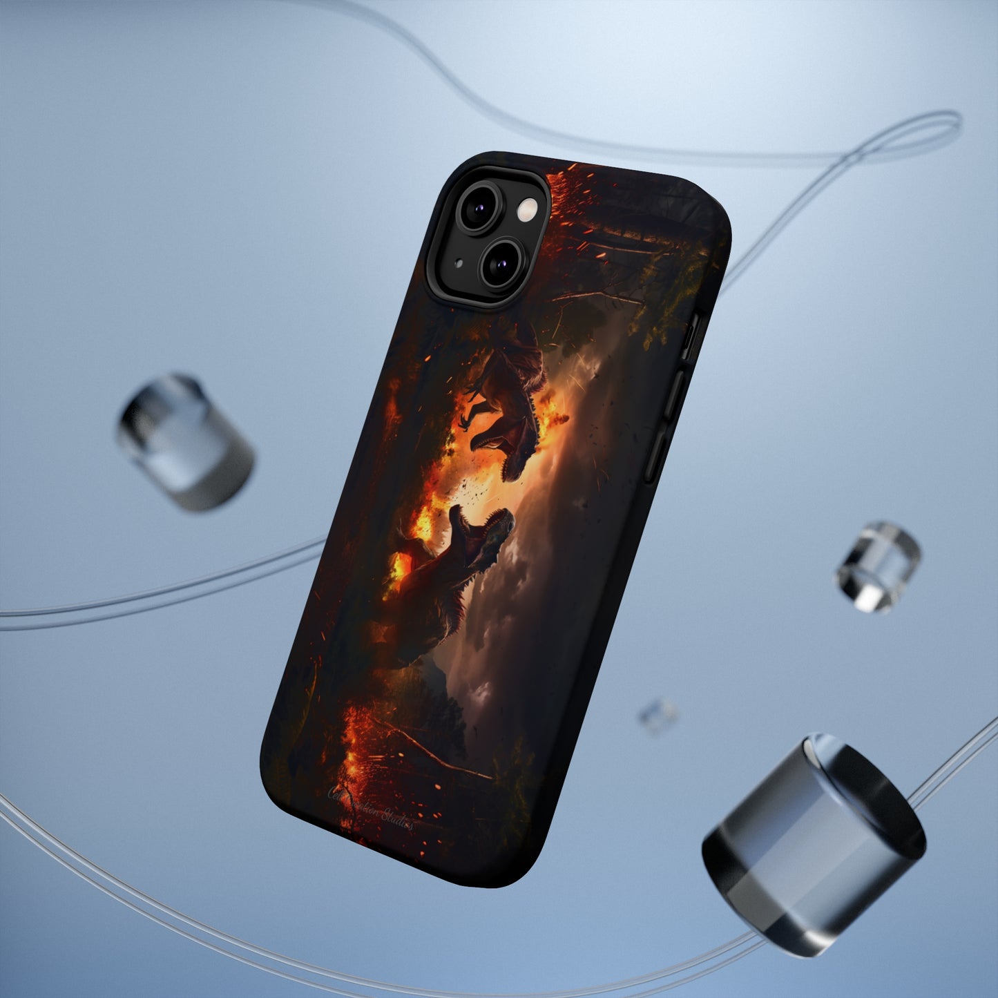 Introducing the "Ancient Battle Inferno" Cell Phone Case – Witness Epic Dinosaur Clash in a Fiery Forest! -MagSafe Tough Cases