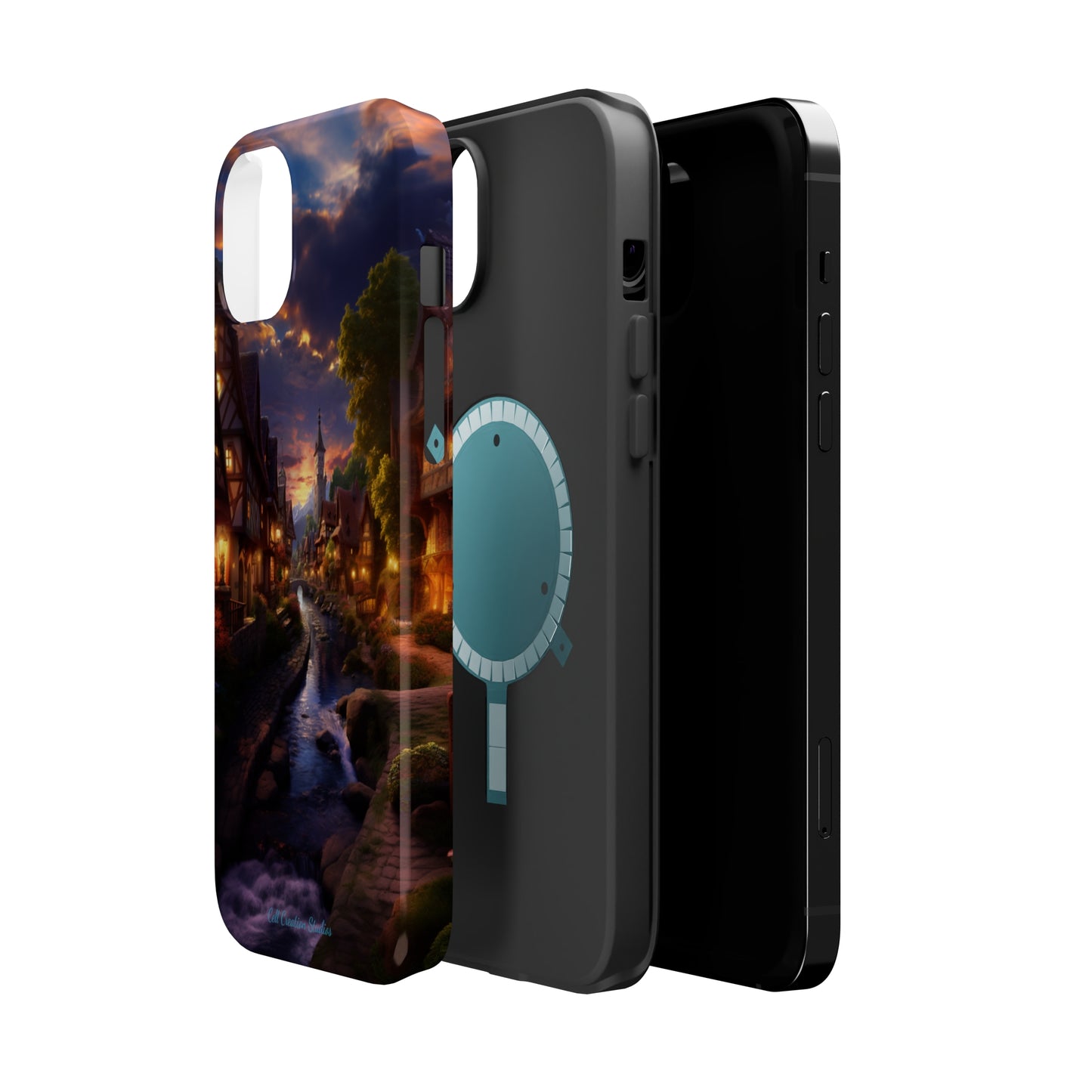 Introducing the "Riverside Serenity" Cell Phone Case – Embrace Peace with a Tranquil Town and Flowing River -MagSafe Tough Cases