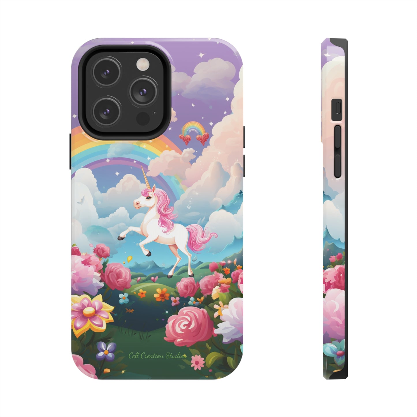 Introducing the "Floral Enchantment" Cell Phone Case – Embrace Your Imagination with a Unicorn in a Field of Flowers -Tough Phone Cases