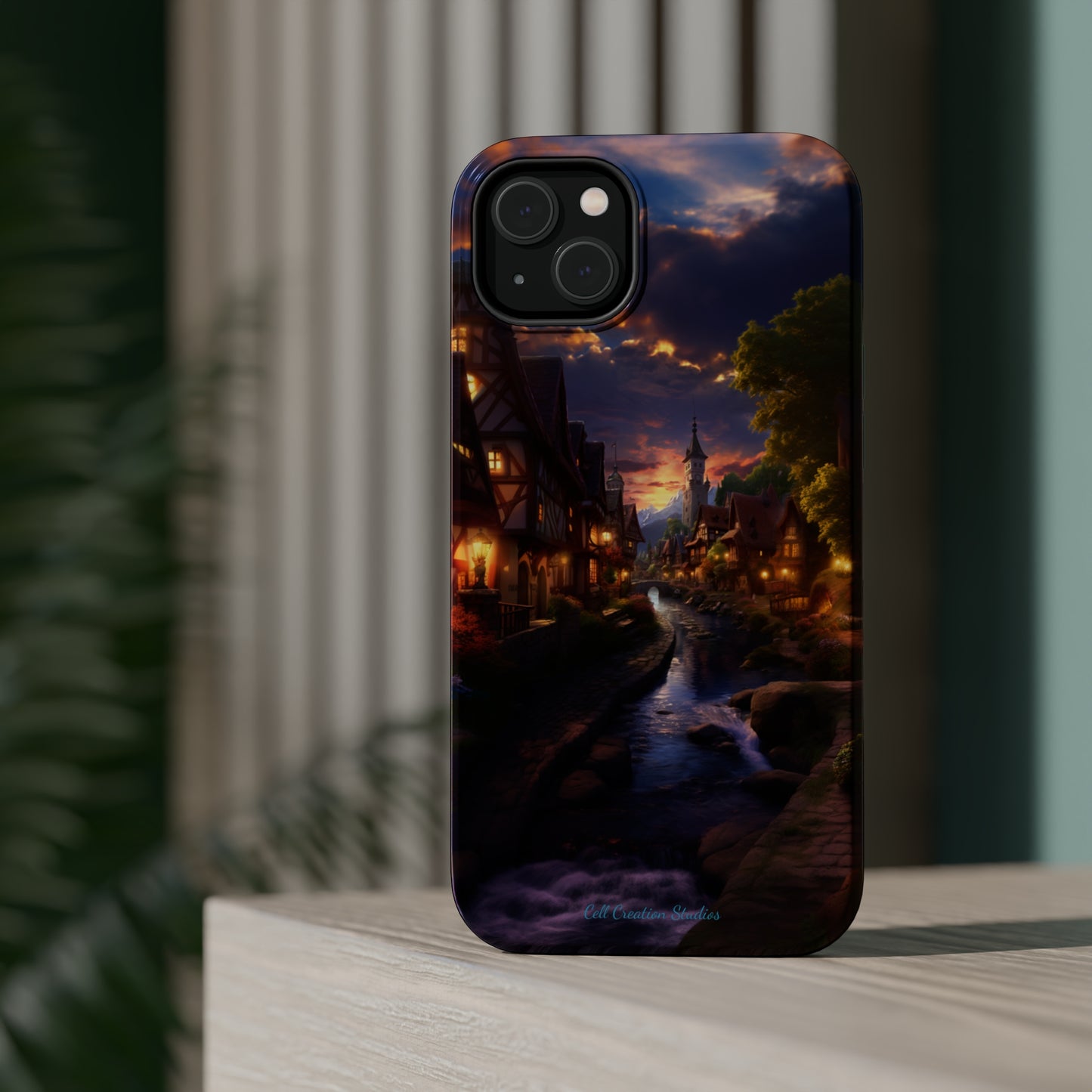 Introducing the "Riverside Serenity" Cell Phone Case – Embrace Peace with a Tranquil Town and Flowing River -MagSafe Tough Cases