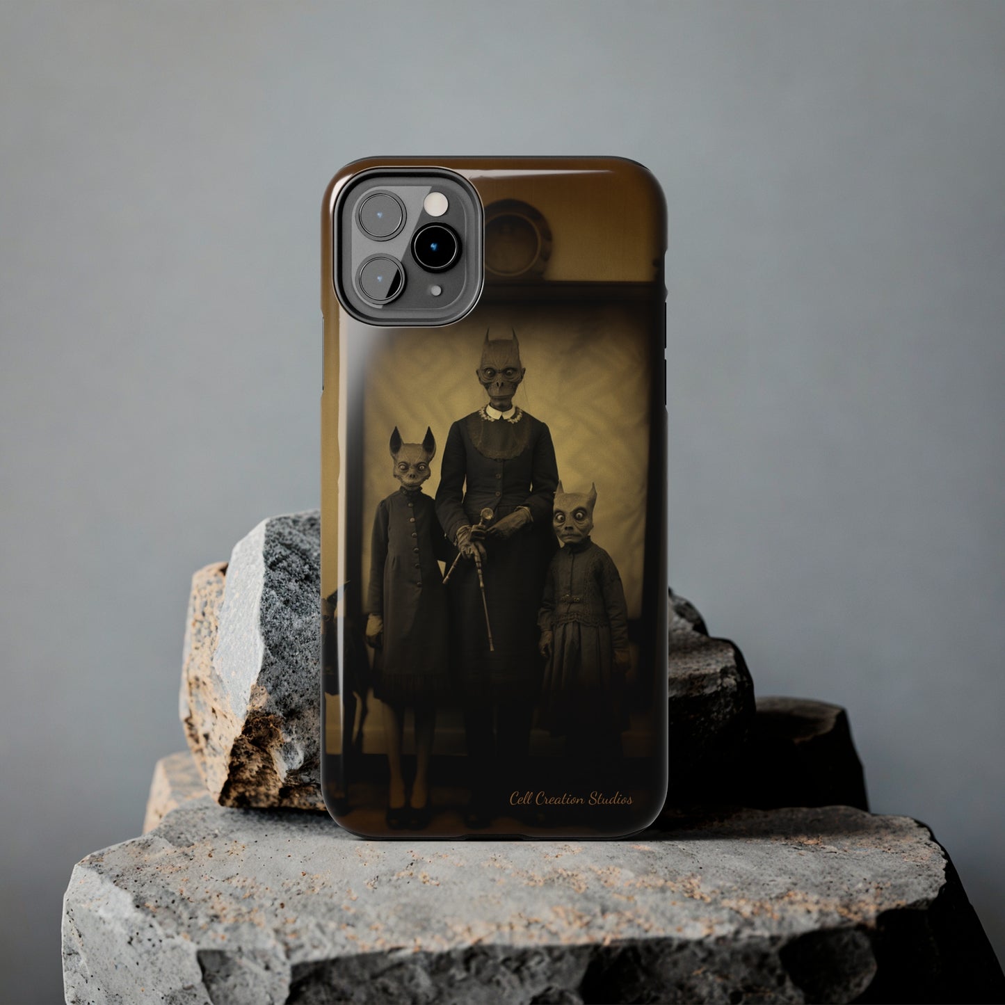 Introducing the "Vintage Odd Creatures" Cell Phone Case – Step into the Eerie Charm of a Haunting Family Portrait -Tough Phone Cases