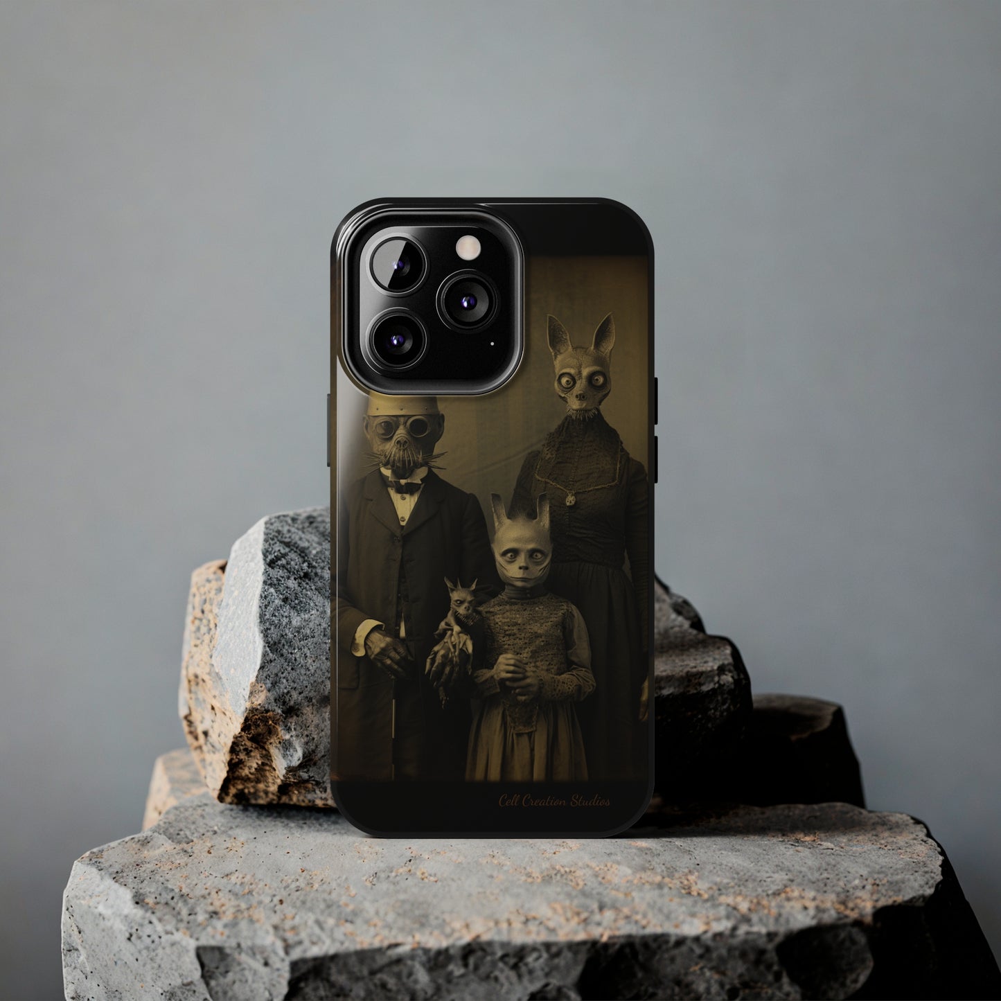 Introducing the "Vintage Odd Creatures" Cell Phone Case – Step into the Eerie Charm of a Haunting Family Portrait -Tough Phone Cases