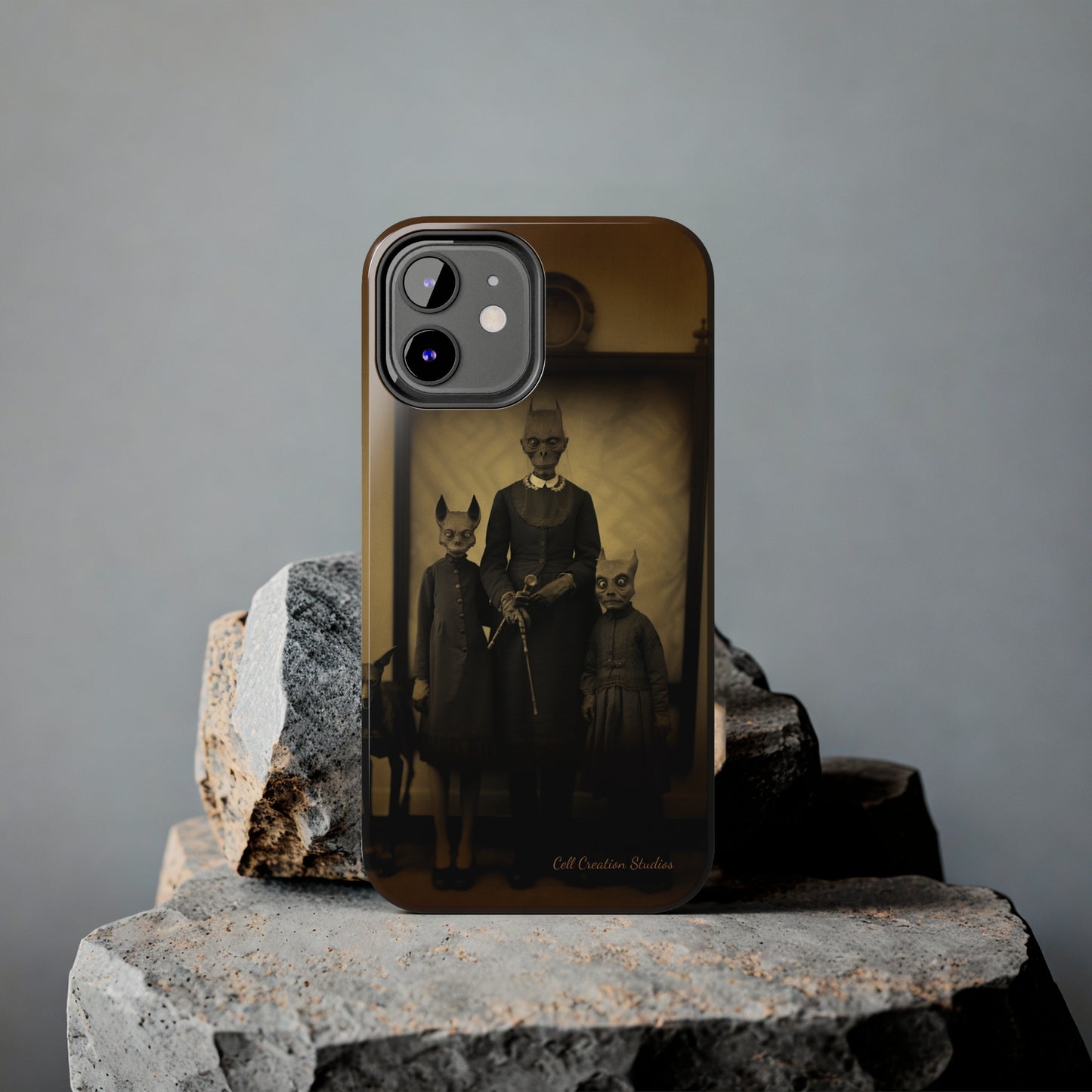 Introducing the "Vintage Odd Creatures" Cell Phone Case – Step into the Eerie Charm of a Haunting Family Portrait -Tough Phone Cases