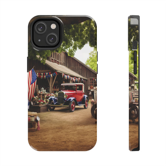 Introducing the "1930s Americana Revival" Cell Phone Case – Relive Vintage Charm with Classic Car, Barn, and the Stars and Stripes -Tough Phone Cases