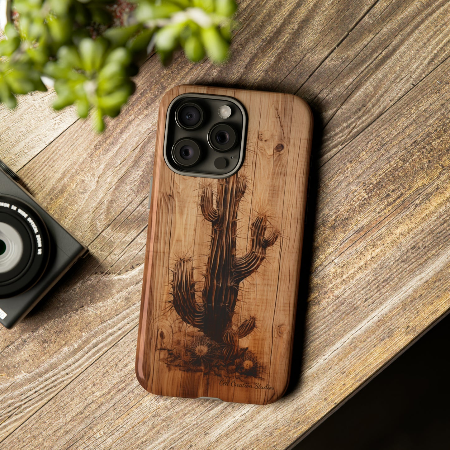 "Cactus Burnt Wood Design" Phone Case -Tough Cases