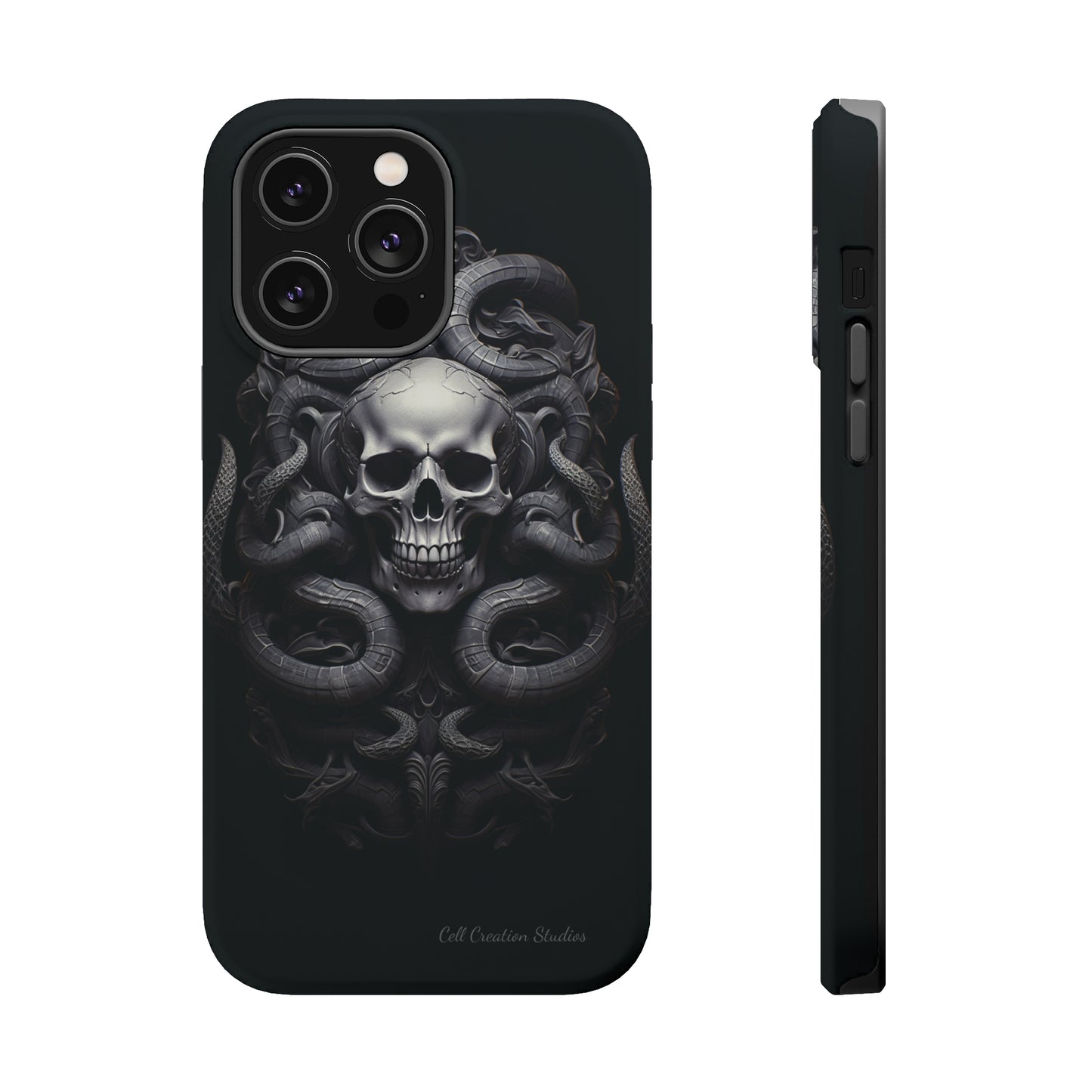 Introducing the "Monochrome Skull and Snakes" Cell Phone Case – A Bold Statement -MagSafe Tough Cases