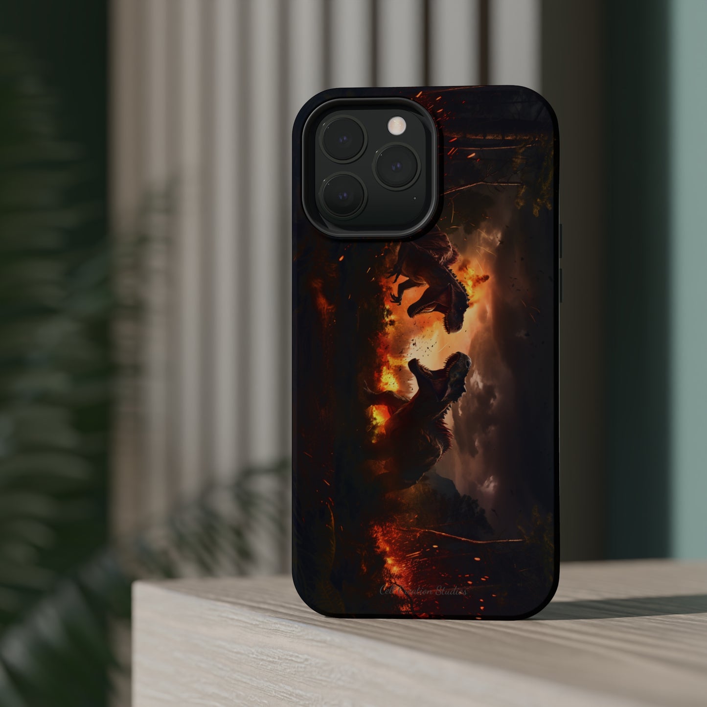 Introducing the "Ancient Battle Inferno" Cell Phone Case – Witness Epic Dinosaur Clash in a Fiery Forest! -MagSafe Tough Cases