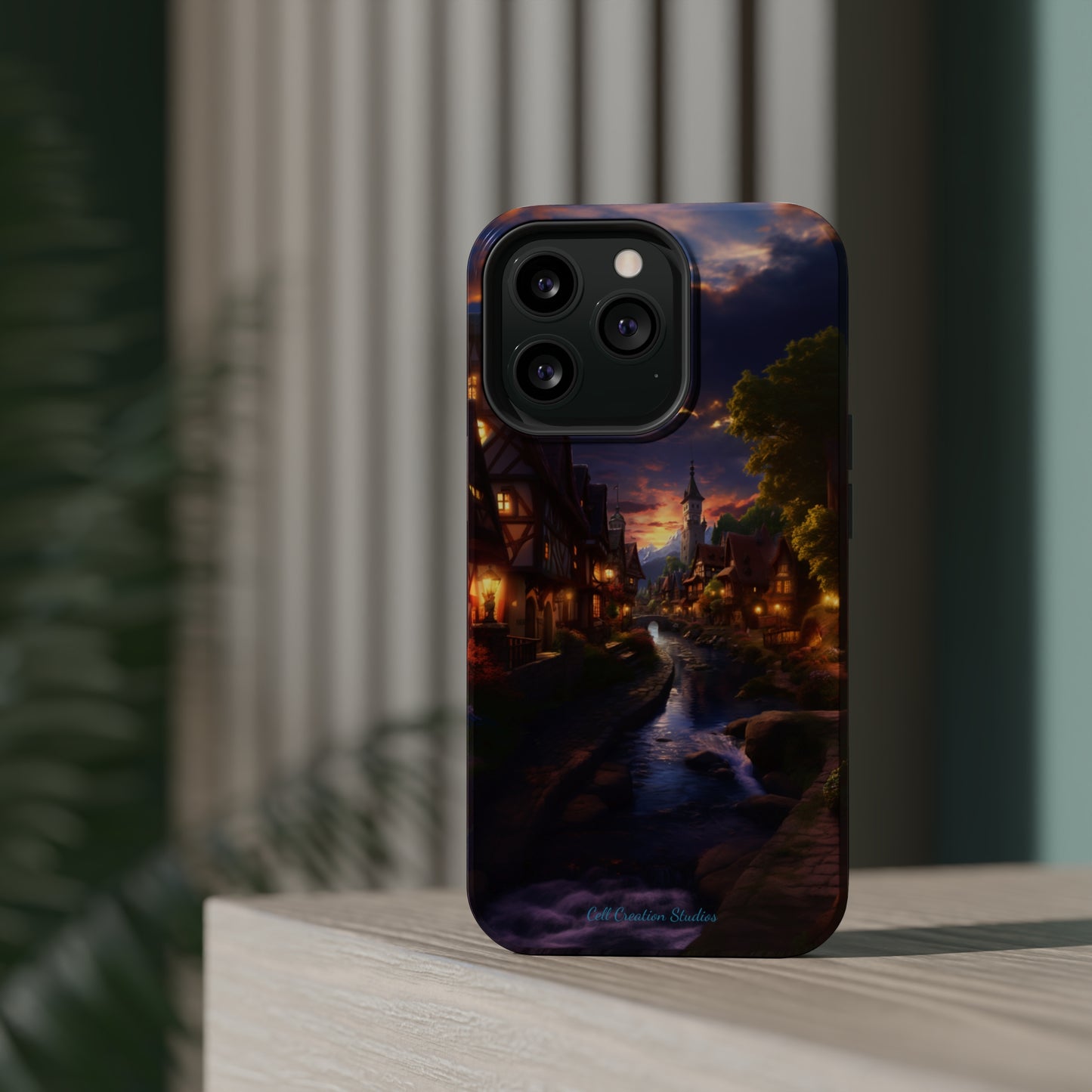 Introducing the "Riverside Serenity" Cell Phone Case – Embrace Peace with a Tranquil Town and Flowing River -MagSafe Tough Cases