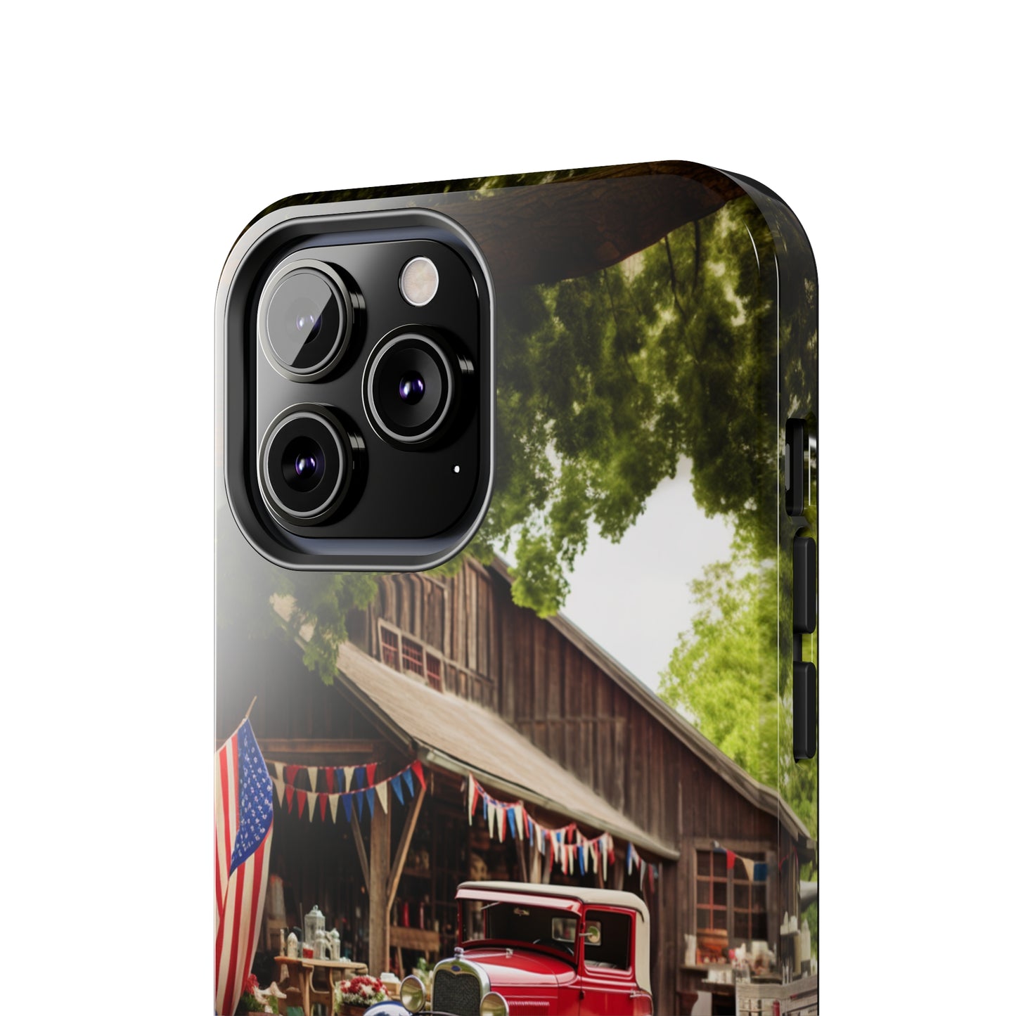 Introducing the "1930s Americana Revival" Cell Phone Case – Relive Vintage Charm with Classic Car, Barn, and the Stars and Stripes -Tough Phone Cases