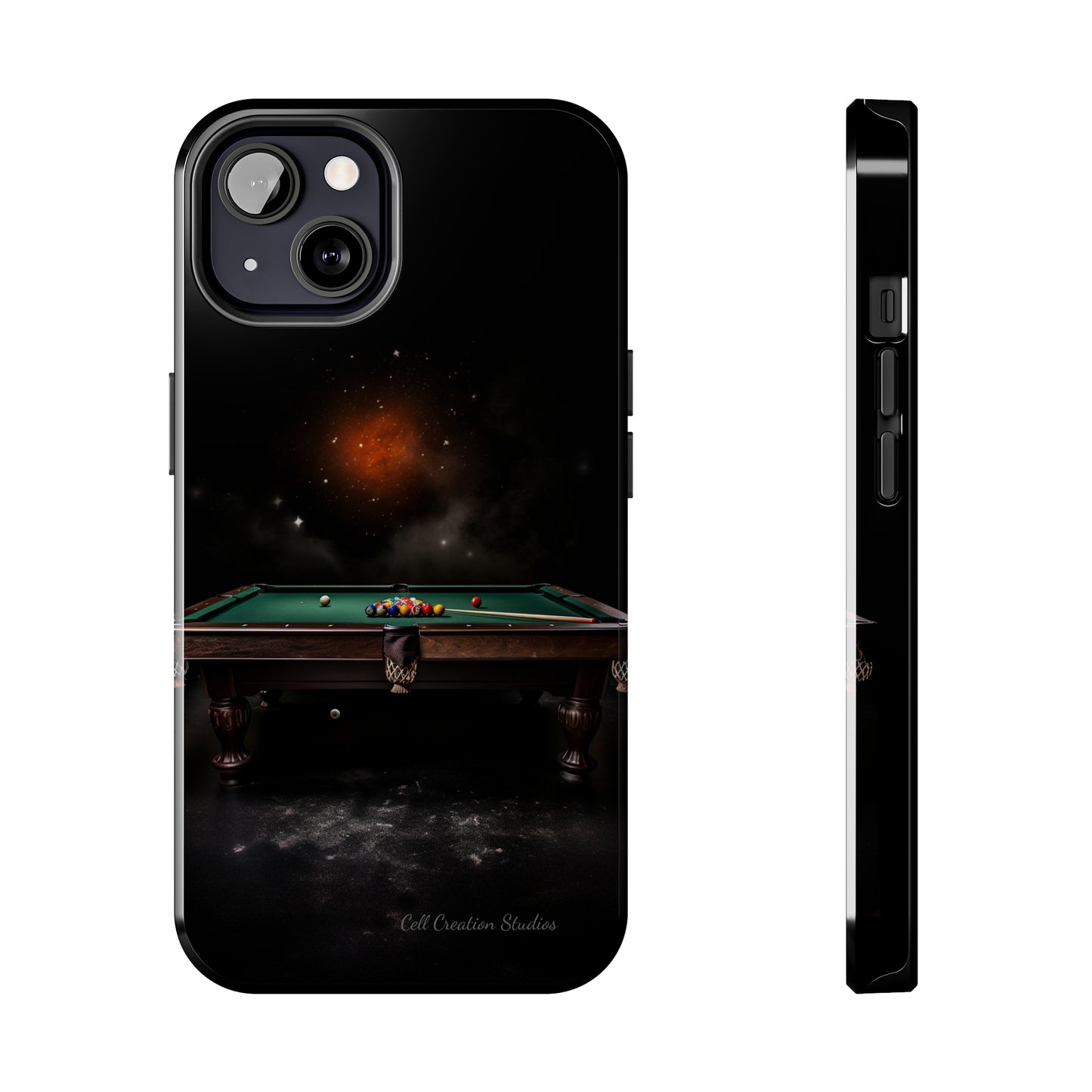 "Rack 'Em Up in Style: Pool Table-Themed Phone Case with Space Background" -Tough Phone Cases