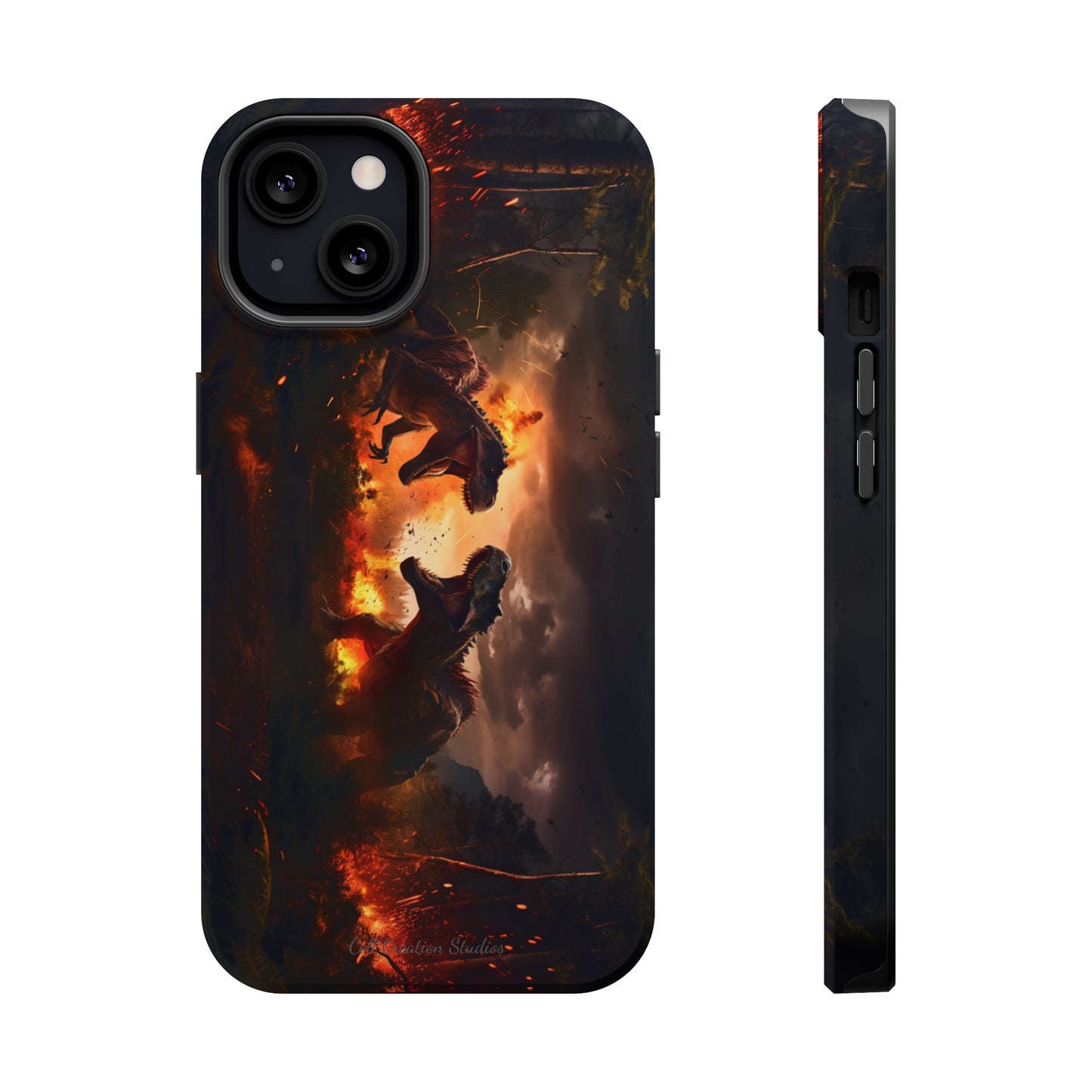 Introducing the "Ancient Battle Inferno" Cell Phone Case – Witness Epic Dinosaur Clash in a Fiery Forest! -MagSafe Tough Cases