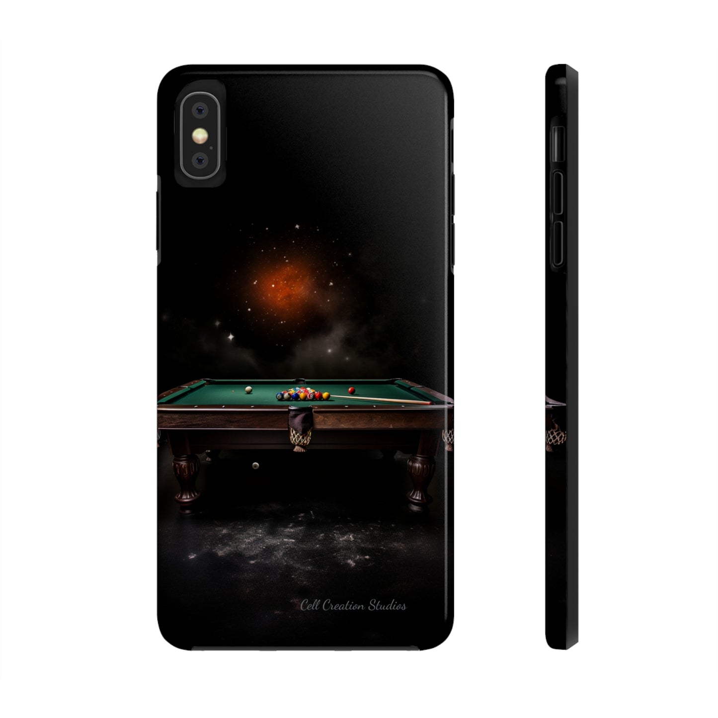 "Rack 'Em Up in Style: Pool Table-Themed Phone Case with Space Background" -Tough Phone Cases