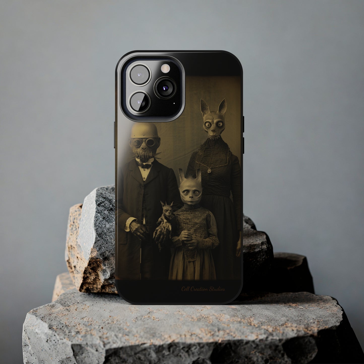 Introducing the "Vintage Odd Creatures" Cell Phone Case – Step into the Eerie Charm of a Haunting Family Portrait -Tough Phone Cases