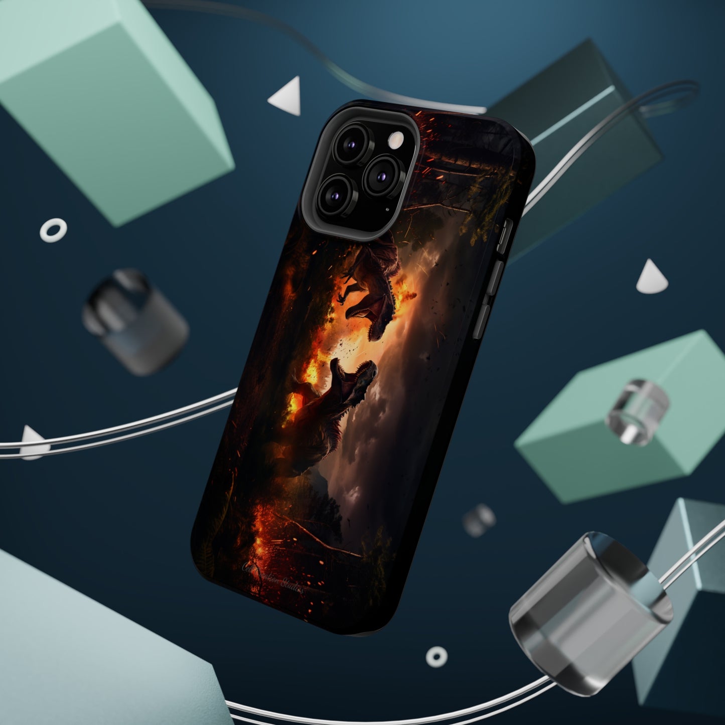 Introducing the "Ancient Battle Inferno" Cell Phone Case – Witness Epic Dinosaur Clash in a Fiery Forest! -MagSafe Tough Cases