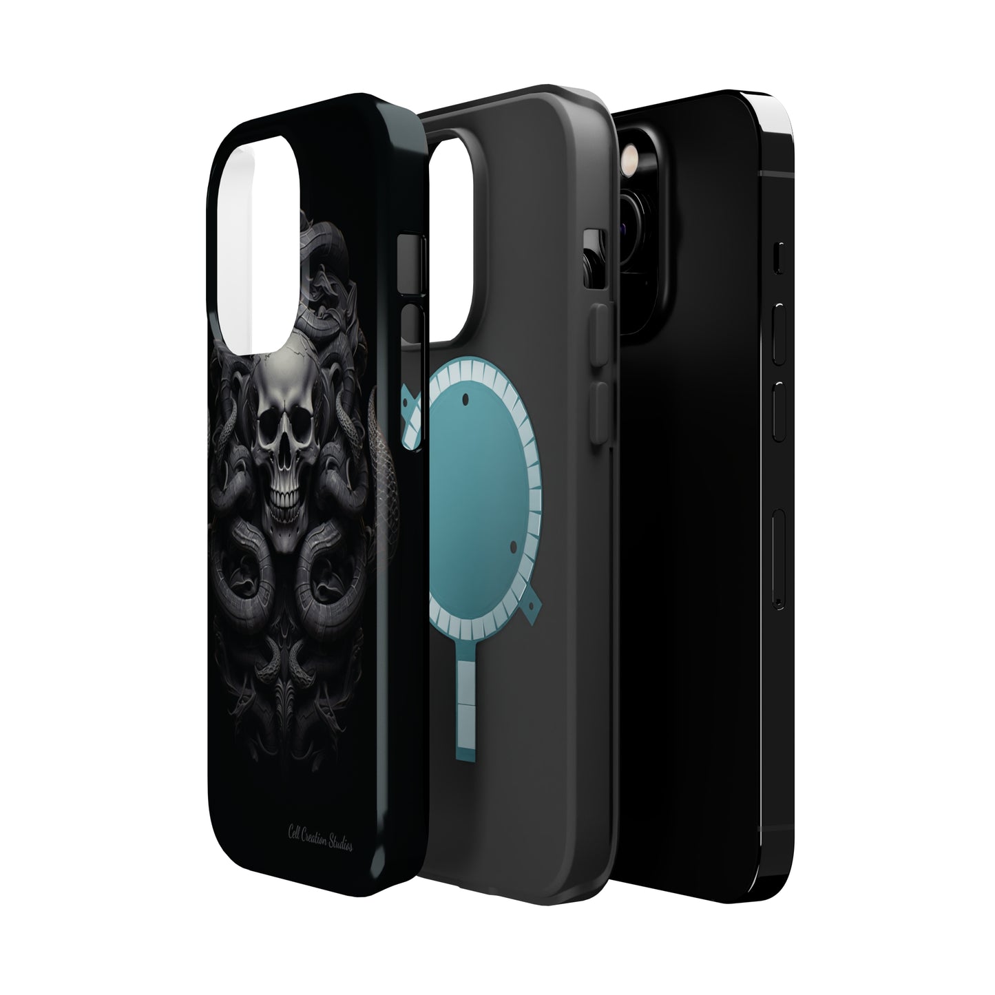 Introducing the "Monochrome Skull and Snakes" Cell Phone Case – A Bold Statement -MagSafe Tough Cases