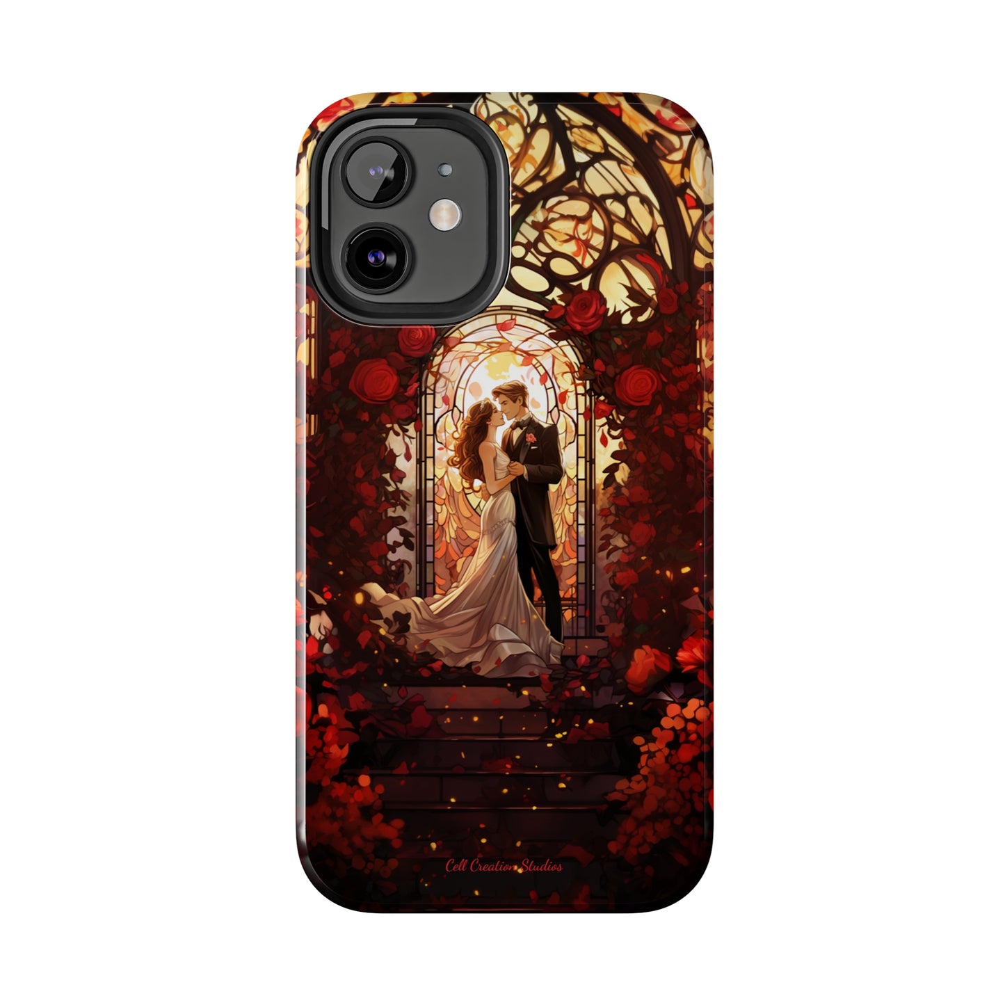 Introducing the "Stained Glass Love" Cell Phone Case – Capture the Romance of a Couple in Front of a Stained Glass Window -Tough Phone Cases