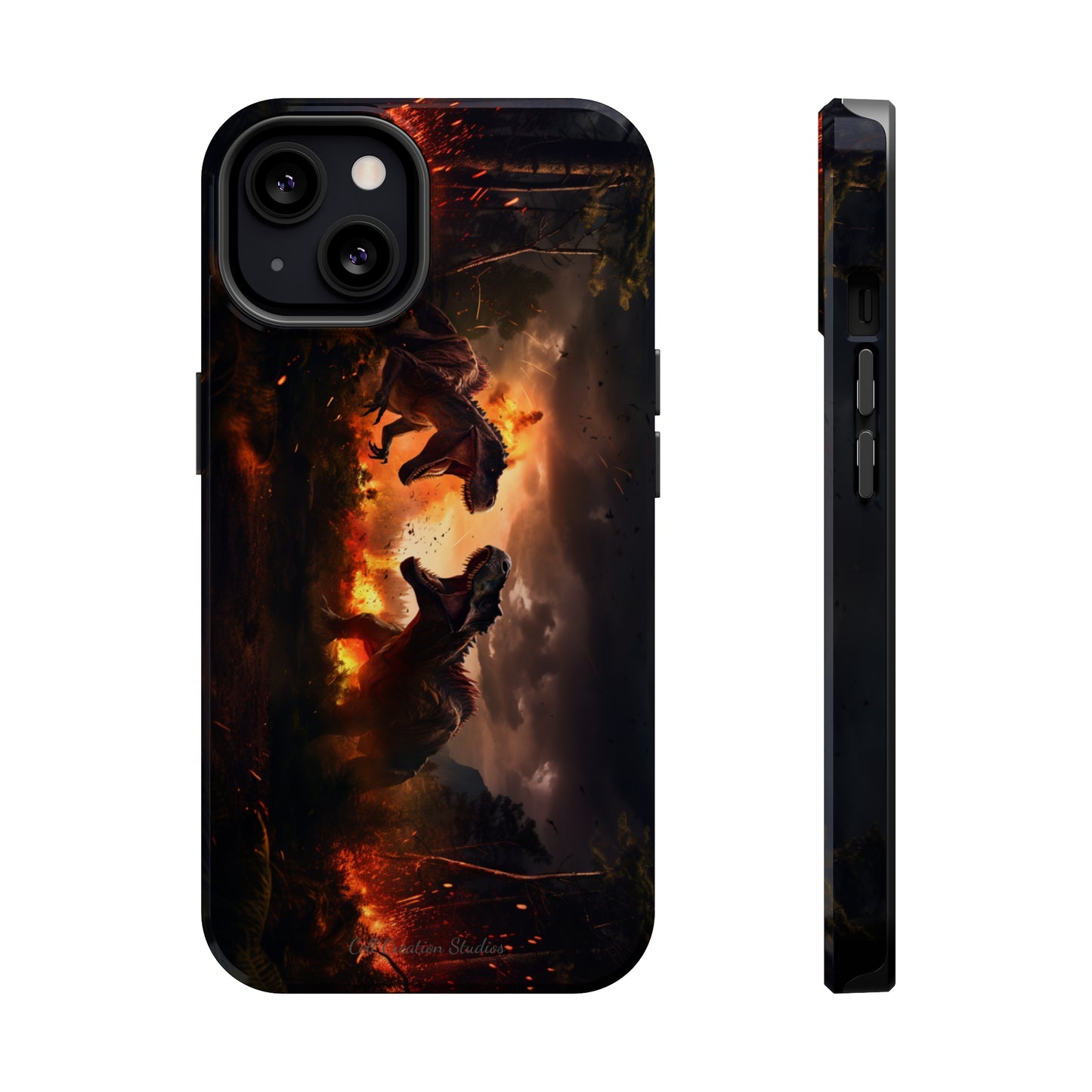 Introducing the "Ancient Battle Inferno" Cell Phone Case – Witness Epic Dinosaur Clash in a Fiery Forest! -MagSafe Tough Cases