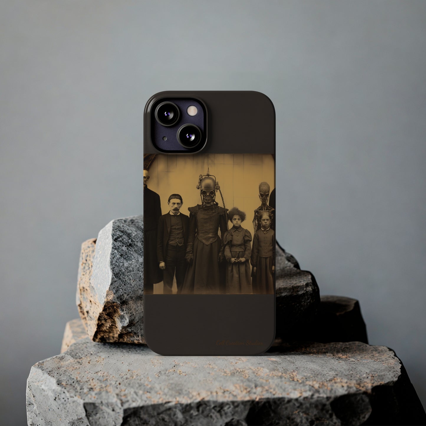 Introducing the "Vintage Odd Creatures" Cell Phone Case – Step into the Eerie Charm of a Haunting Family Portrait -Slim Phone Cases