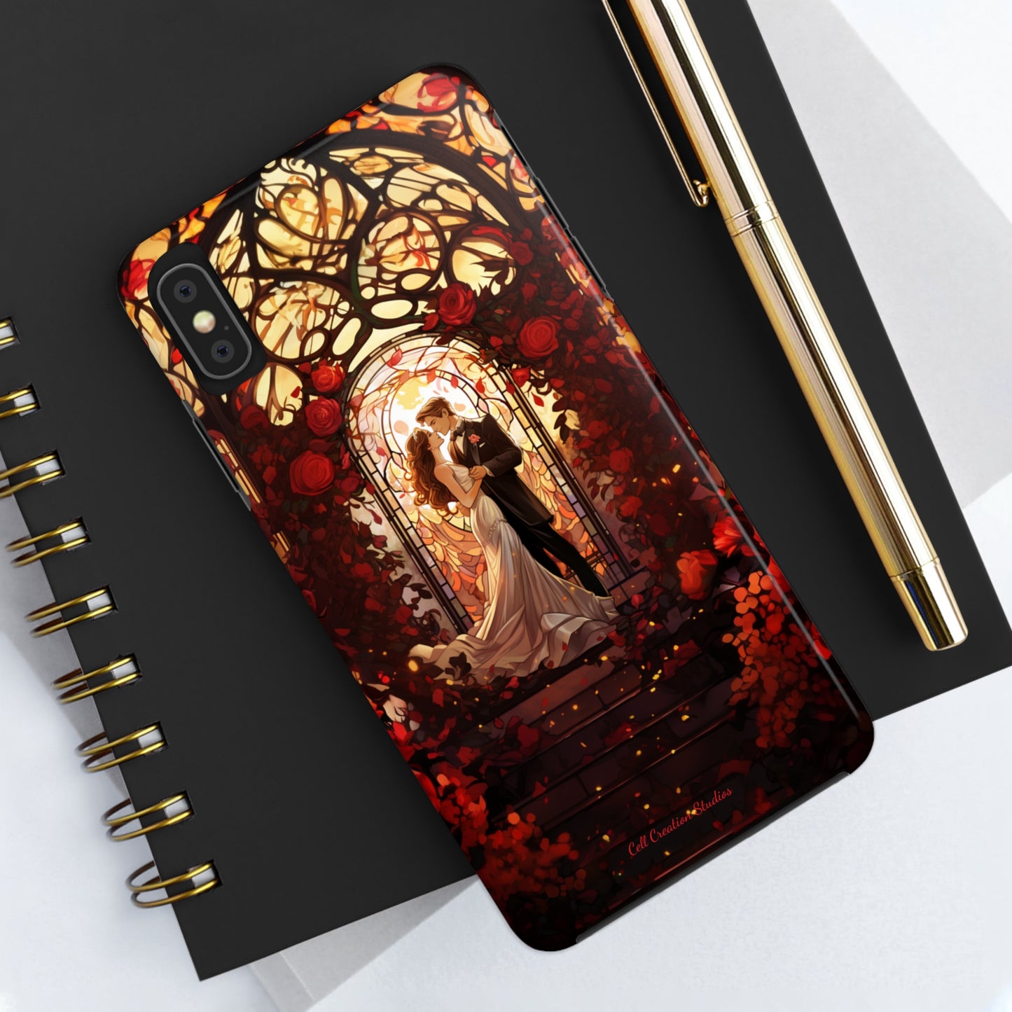 Introducing the "Stained Glass Love" Cell Phone Case – Capture the Romance of a Couple in Front of a Stained Glass Window -Tough Phone Cases