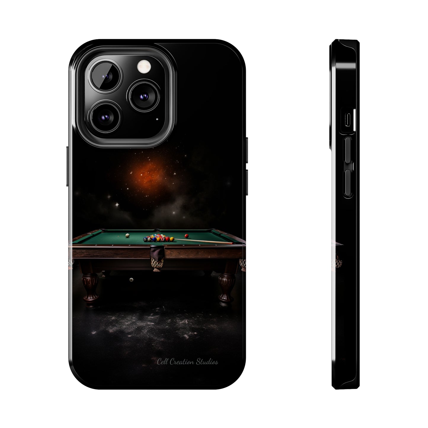 "Rack 'Em Up in Style: Pool Table-Themed Phone Case with Space Background" -Tough Phone Cases