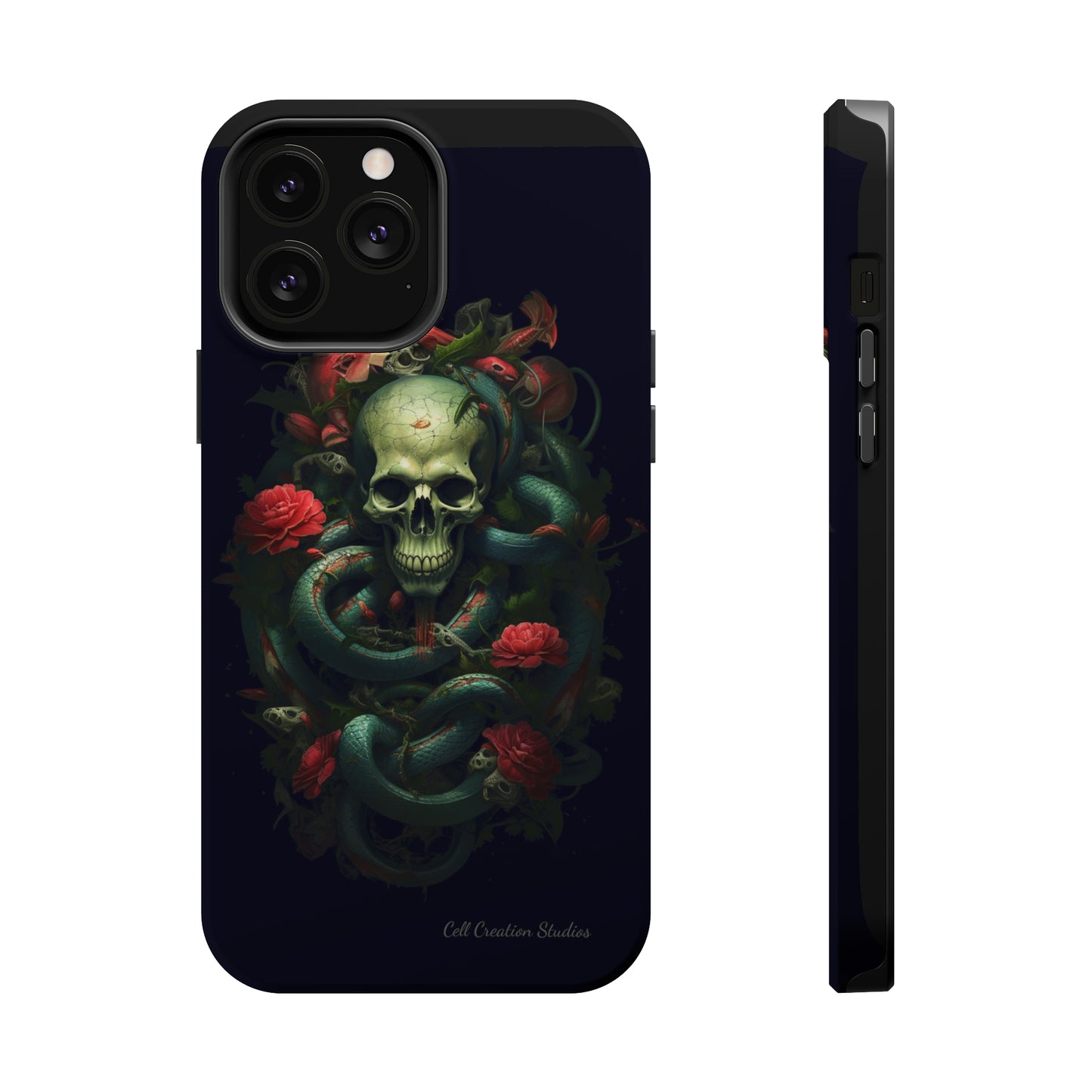 Introducing the "Serpentine Elegance" Cell Phone Case: Where Skulls and Snakes Intertwine -MagSafe Tough Cases