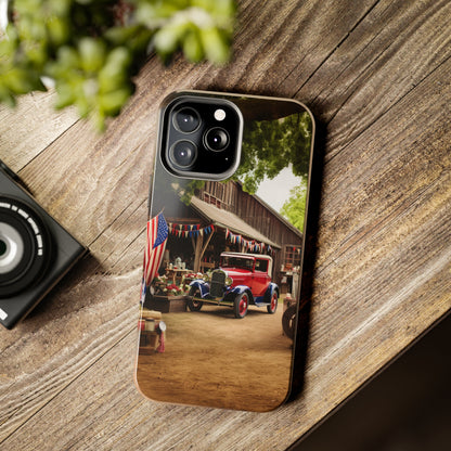 Introducing the "1930s Americana Revival" Cell Phone Case – Relive Vintage Charm with Classic Car, Barn, and the Stars and Stripes -Tough Phone Cases