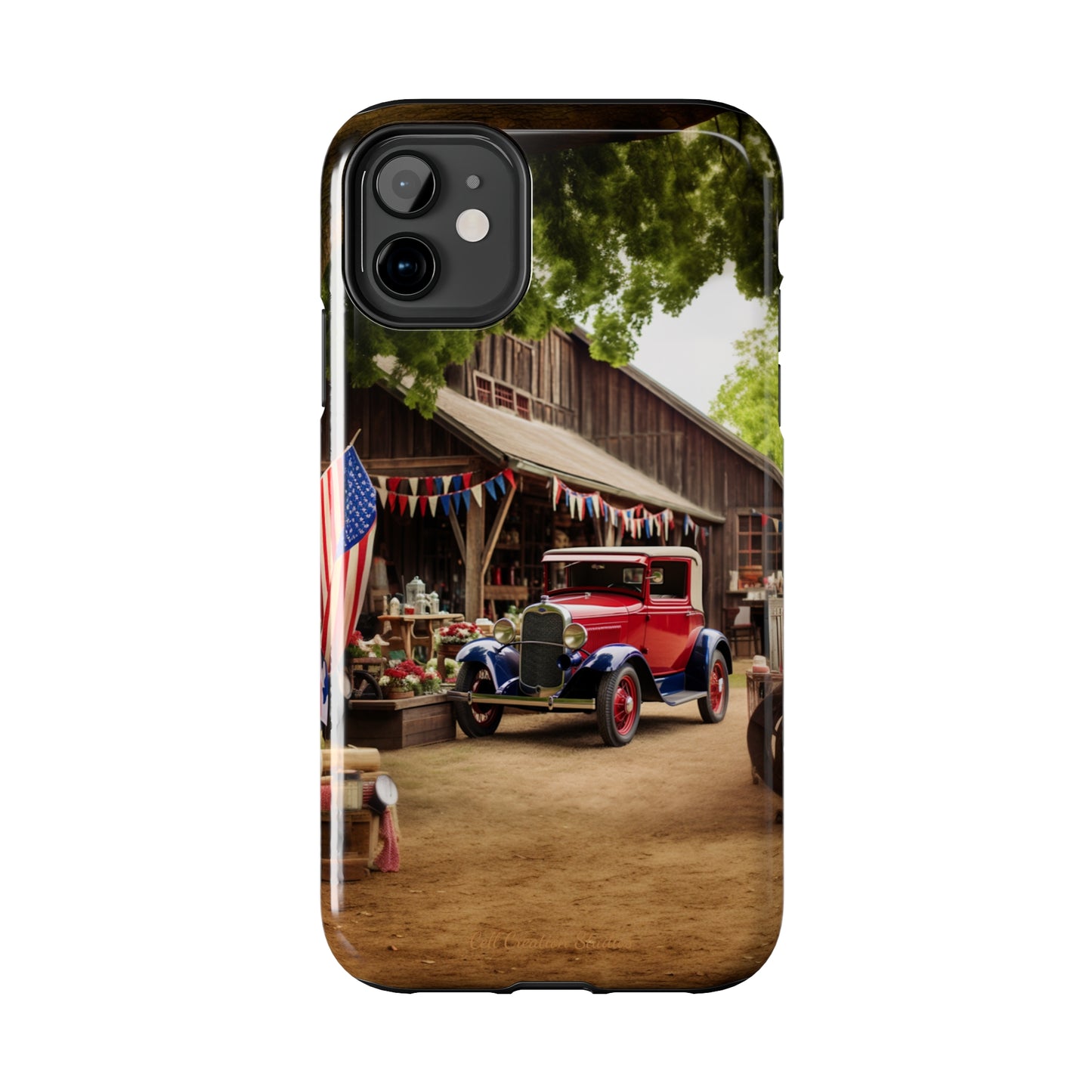 Introducing the "1930s Americana Revival" Cell Phone Case – Relive Vintage Charm with Classic Car, Barn, and the Stars and Stripes -Tough Phone Cases