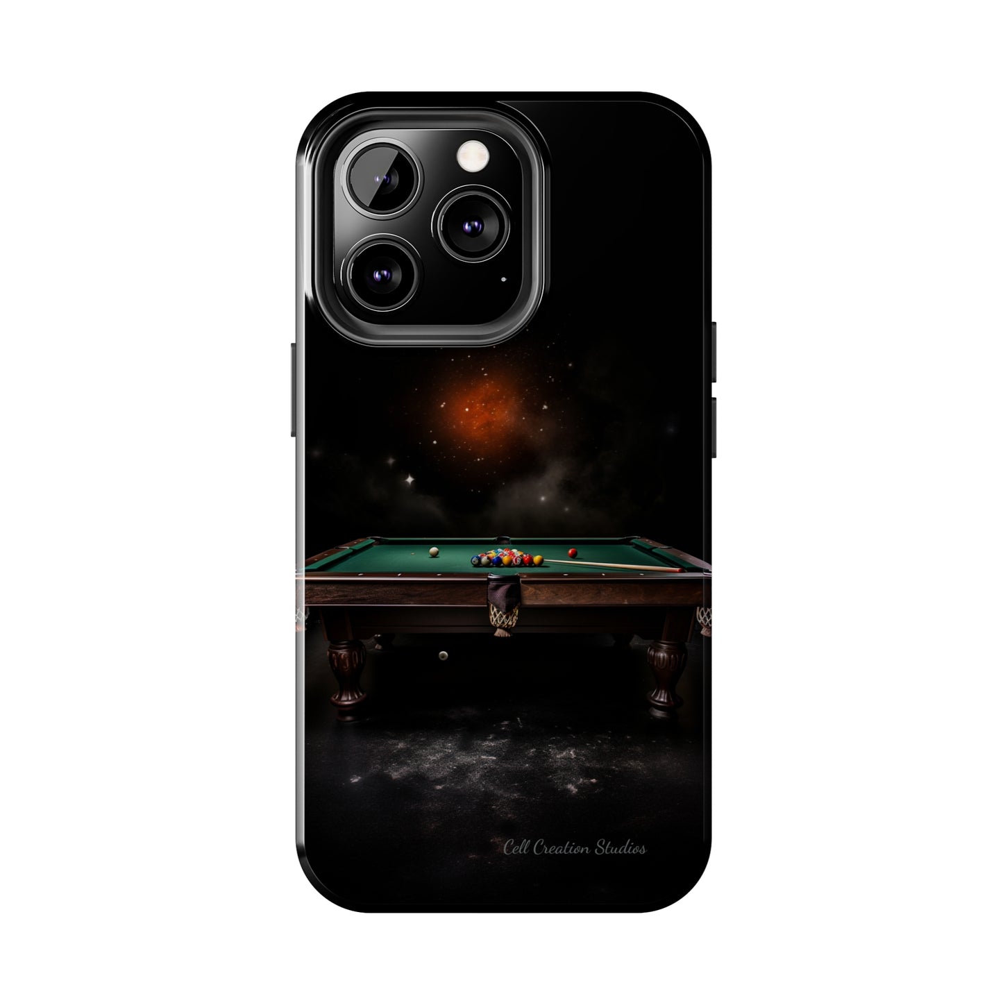 "Rack 'Em Up in Style: Pool Table-Themed Phone Case with Space Background" -Tough Phone Cases