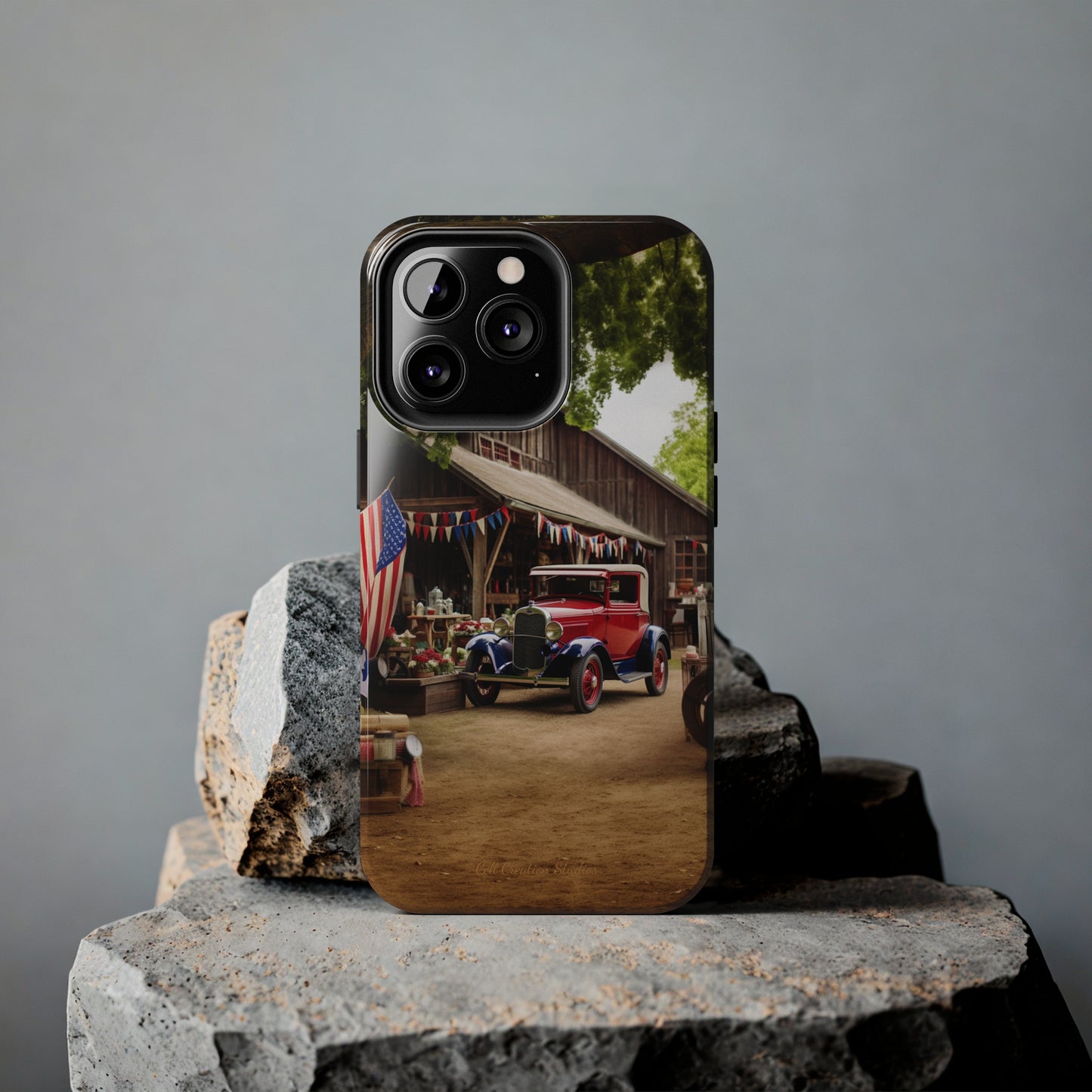 Introducing the "1930s Americana Revival" Cell Phone Case – Relive Vintage Charm with Classic Car, Barn, and the Stars and Stripes -Tough Phone Cases