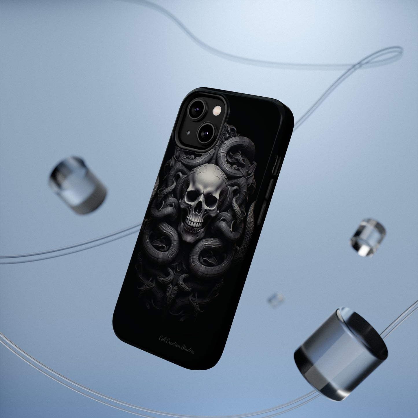 Introducing the "Monochrome Skull and Snakes" Cell Phone Case – A Bold Statement -MagSafe Tough Cases