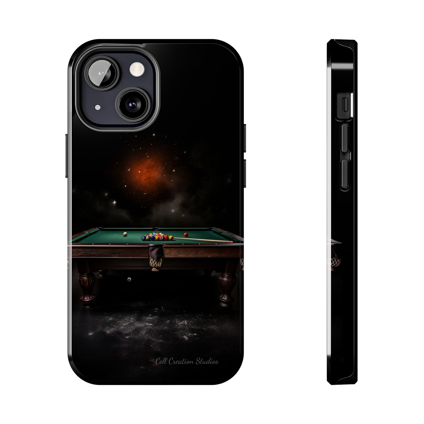 "Rack 'Em Up in Style: Pool Table-Themed Phone Case with Space Background" -Tough Phone Cases