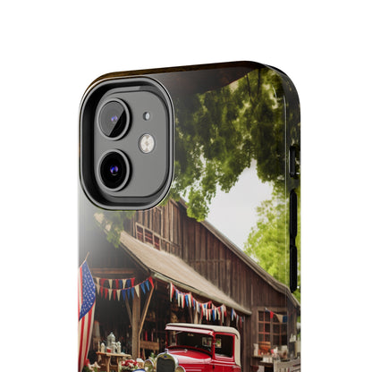 Introducing the "1930s Americana Revival" Cell Phone Case – Relive Vintage Charm with Classic Car, Barn, and the Stars and Stripes -Tough Phone Cases