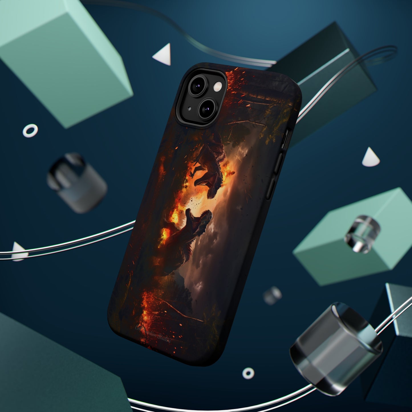 Introducing the "Ancient Battle Inferno" Cell Phone Case – Witness Epic Dinosaur Clash in a Fiery Forest! -MagSafe Tough Cases