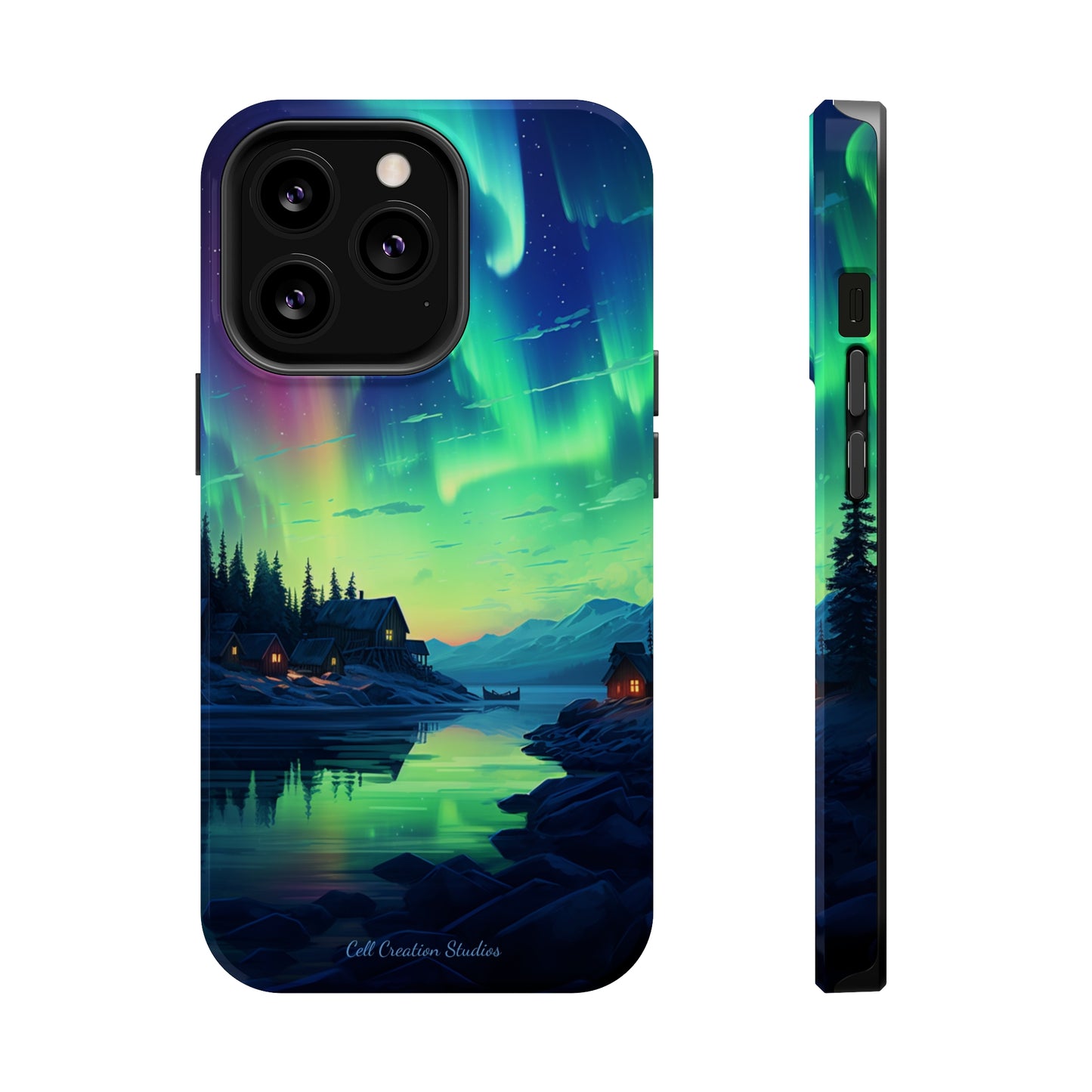 Introducing the "Northern Lights Haven" Cell Phone Case – Experience the Enchantment of Aurora Borealis and Charming Townscape -MagSafe Tough Cases