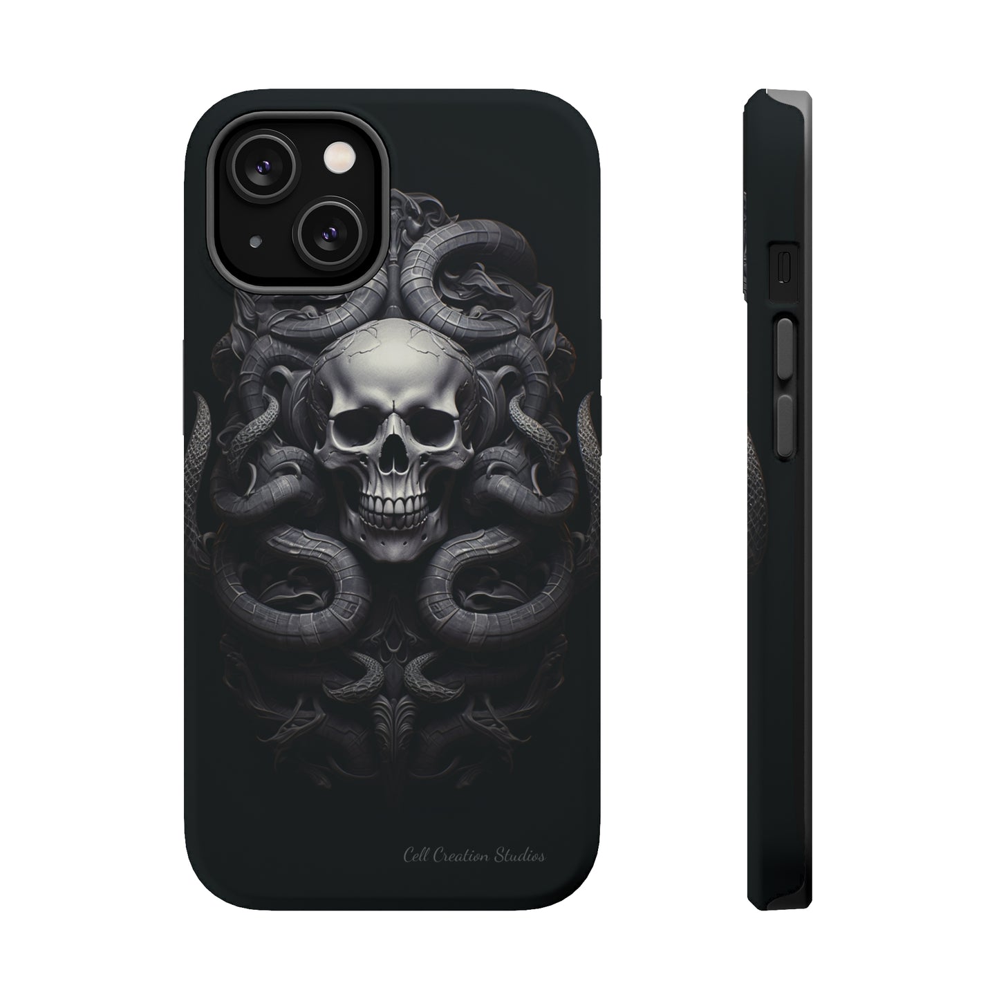 Introducing the "Monochrome Skull and Snakes" Cell Phone Case – A Bold Statement -MagSafe Tough Cases