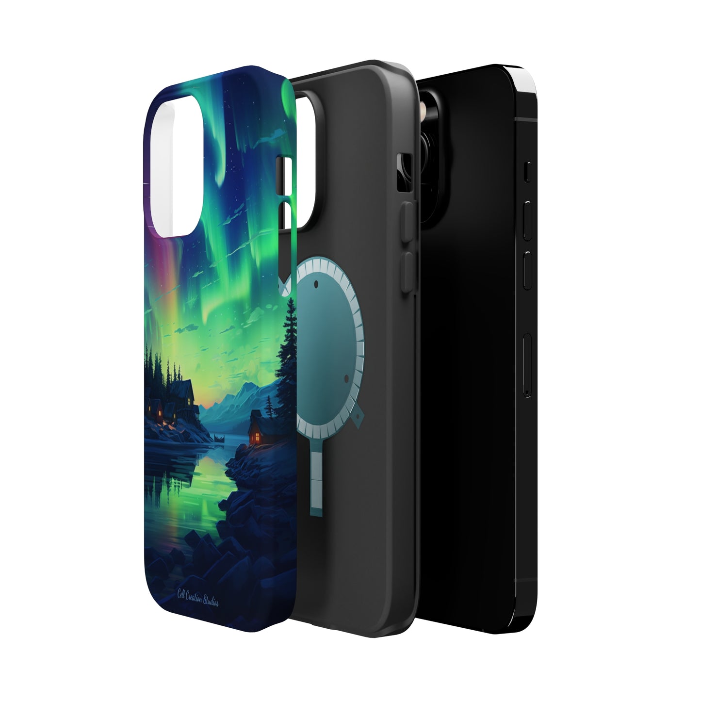 Introducing the "Northern Lights Haven" Cell Phone Case – Experience the Enchantment of Aurora Borealis and Charming Townscape -MagSafe Tough Cases