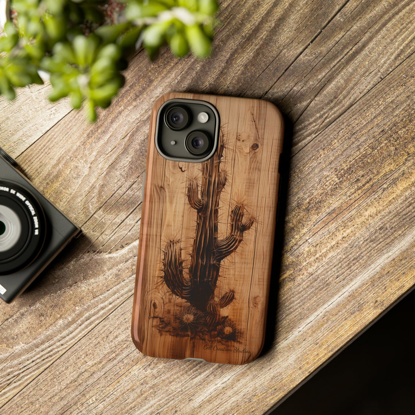 "Cactus Burnt Wood Design" Phone Case -Tough Cases