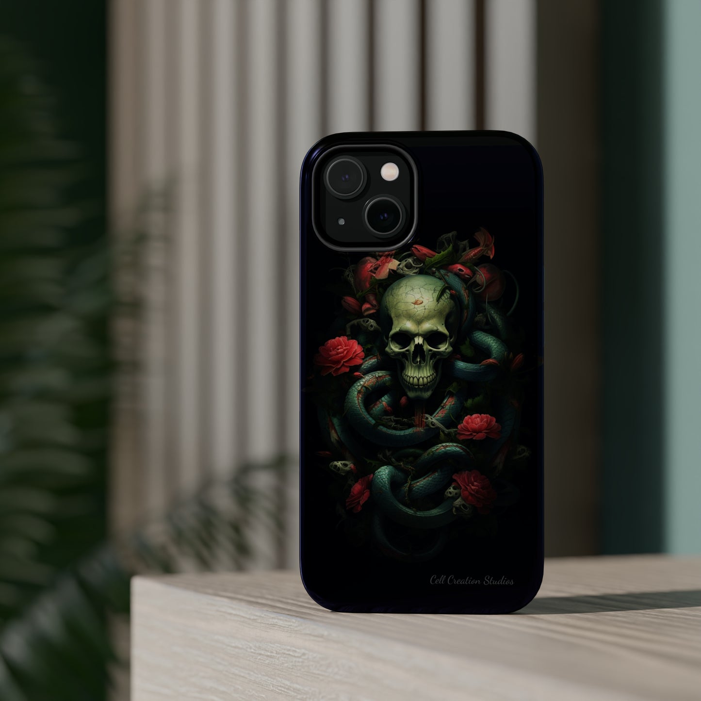 Introducing the "Serpentine Elegance" Cell Phone Case: Where Skulls and Snakes Intertwine -MagSafe Tough Cases