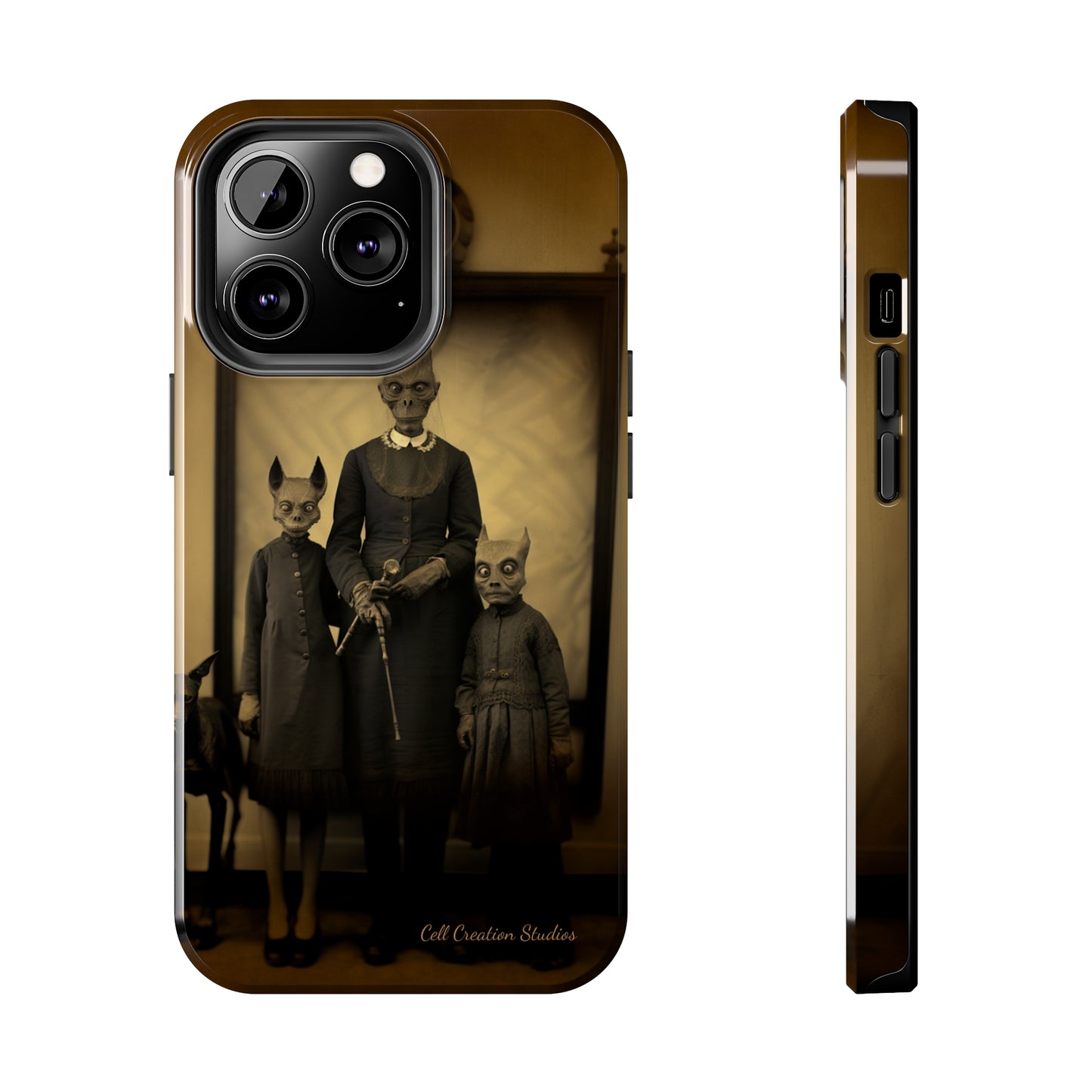 Introducing the "Vintage Odd Creatures" Cell Phone Case – Step into the Eerie Charm of a Haunting Family Portrait -Tough Phone Cases