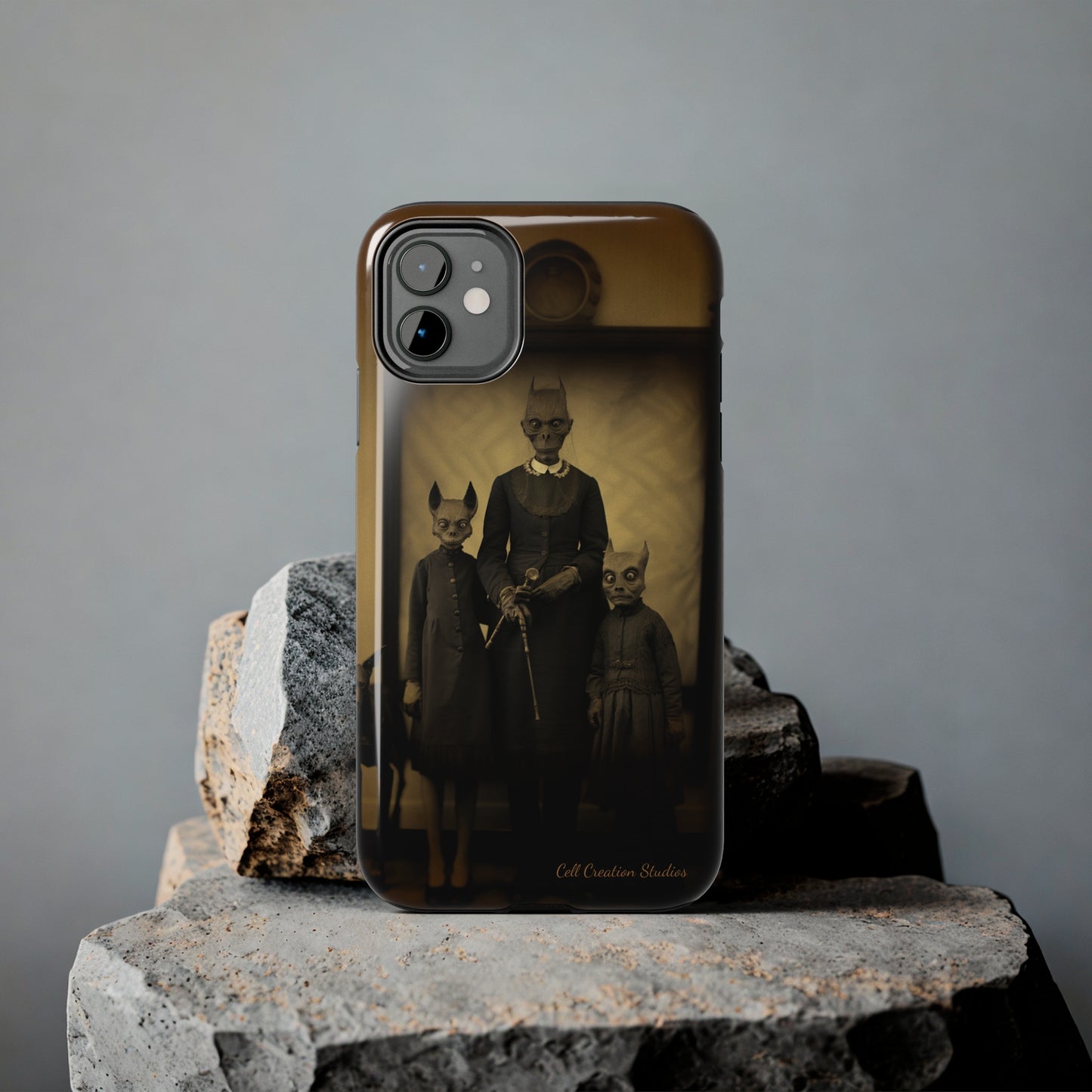 Introducing the "Vintage Odd Creatures" Cell Phone Case – Step into the Eerie Charm of a Haunting Family Portrait -Tough Phone Cases